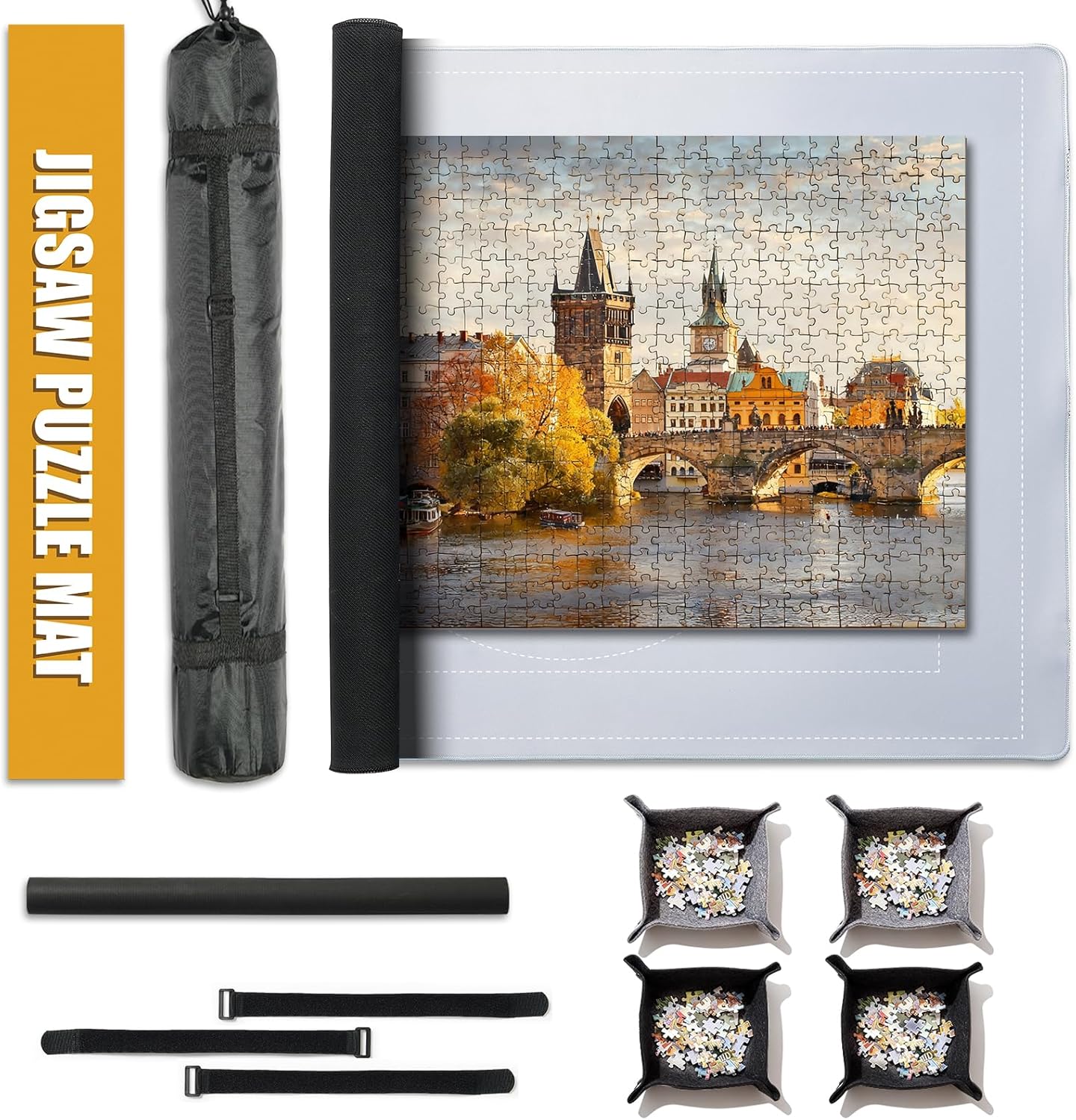 500 Pcs Jigsaw Puzzle Mat Roll Up Smooth Top Saver Pad with 4 Sorting Trays & Travel Storage Bag，Portable Rollup Puzzles Keeper