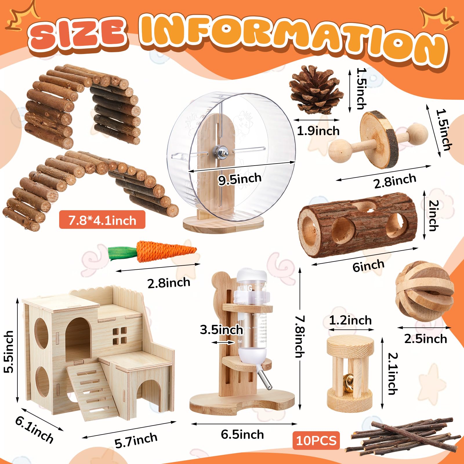 Sonwyoung 18 Pcs Hamster Cage Accessories, Silent Hamster Wheel, Chew Toys Set, Maze Wood House and Water Bottle Set for Rat Mice Small Animals Habitat (Natural Log Style) - image 4