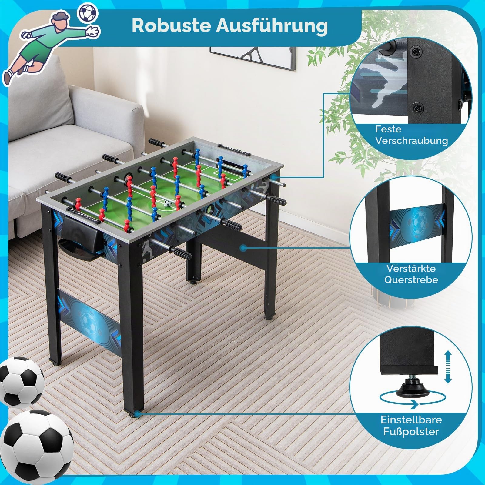 HOMASIS Tischkicker Kinder & Erwachsenen, Kickertisch mit 2 Fußbällen, 18 Kickern & 2 Punktezählern, Tischfußball Spieltisch Holz MDF, Tischfußballtisch für Party Treffen, 94,5 x 53,5 x 76,5 cm
