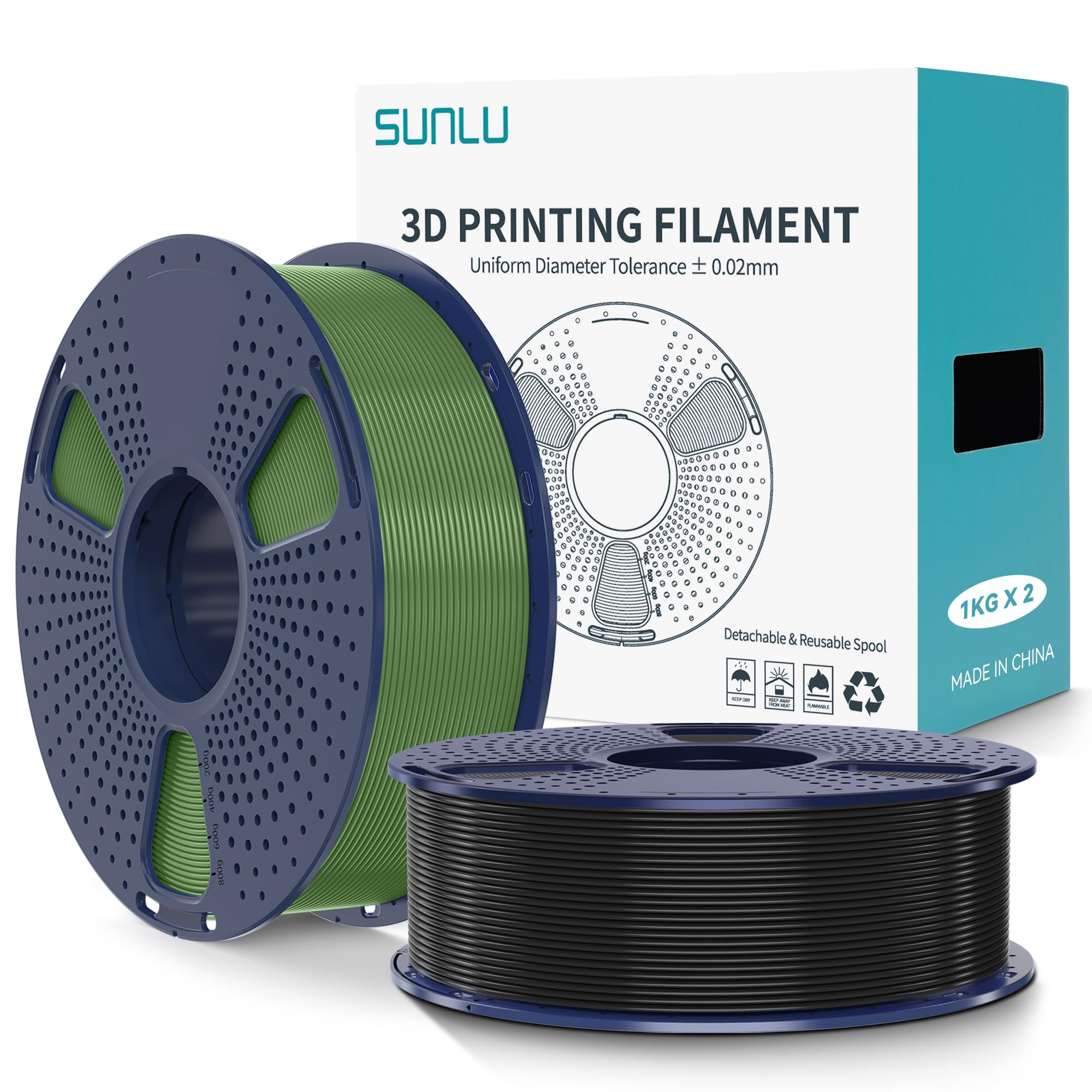 SUNLU PLA+2.0 Filamento per stampante 3D, Filamento PLA Plus di Aggiornamento 2KG, Precisione dimensionale +/- 0.02 mm, Bobina da 1kg (2.2LBS), 2KG in Totale, Nero+Oliver Verde