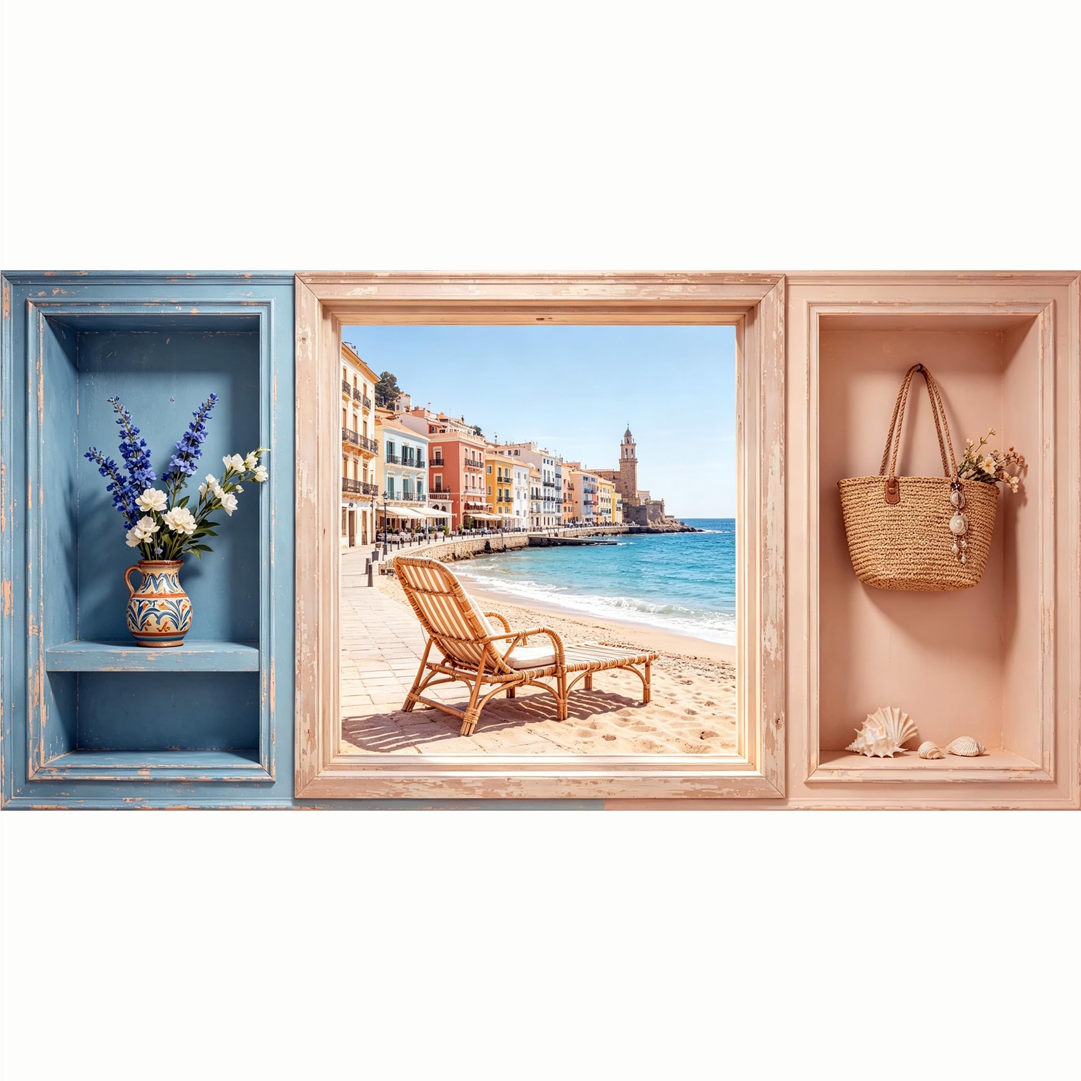 QZLITHOTIC 50x100cm 3D Framed Wall Art， Coastal Mediterranean Seascape Window View Self‑Adhesive Mural， Water‑Activated Peel & Stick Fabric Decor Wall Decal for Bedroom Living Room