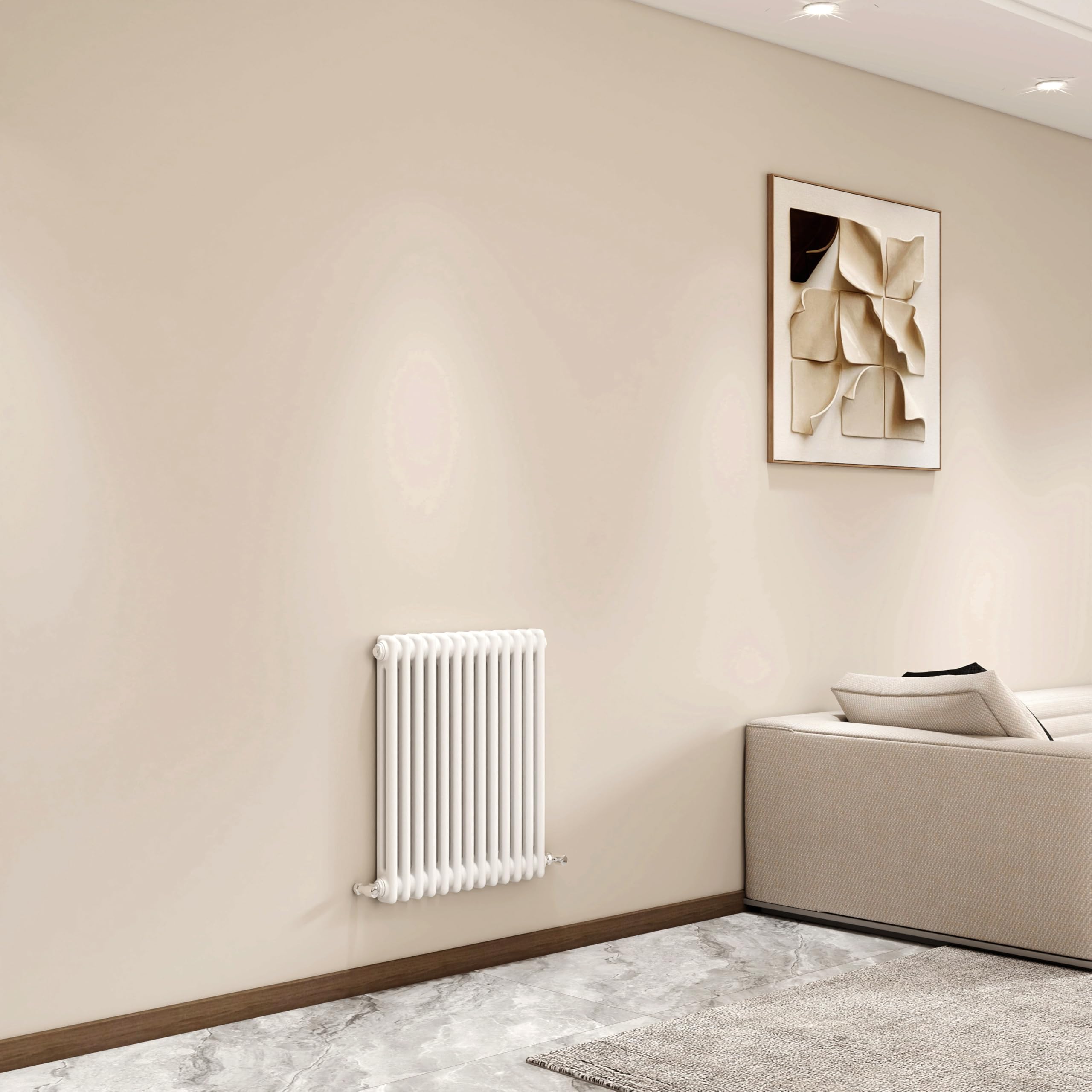 Stech Homes Gloss White Horizontal 2 Column Cast Iron Radiator, 600X605mm Designer Bathroom Rads,Wall Mounted Column Radiator For Bedroom/Office, Traditional Central Heating Heater Rad, Hall Radiator