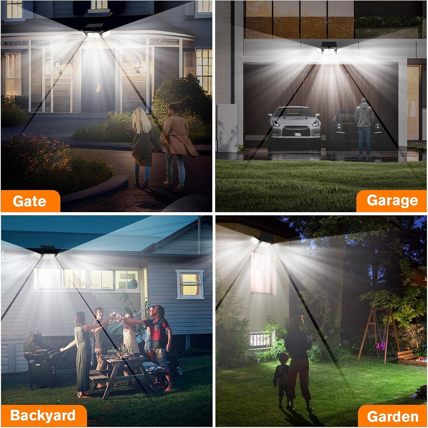 Solar Motion Sensor Light, IP65 Waterproof Outdoor Security Light, 3-Head Adjustable Rotatable Solar Lamp with Remote 3 Modes, Energy-Efficient for Garden/Garage (White, 1 Pack)