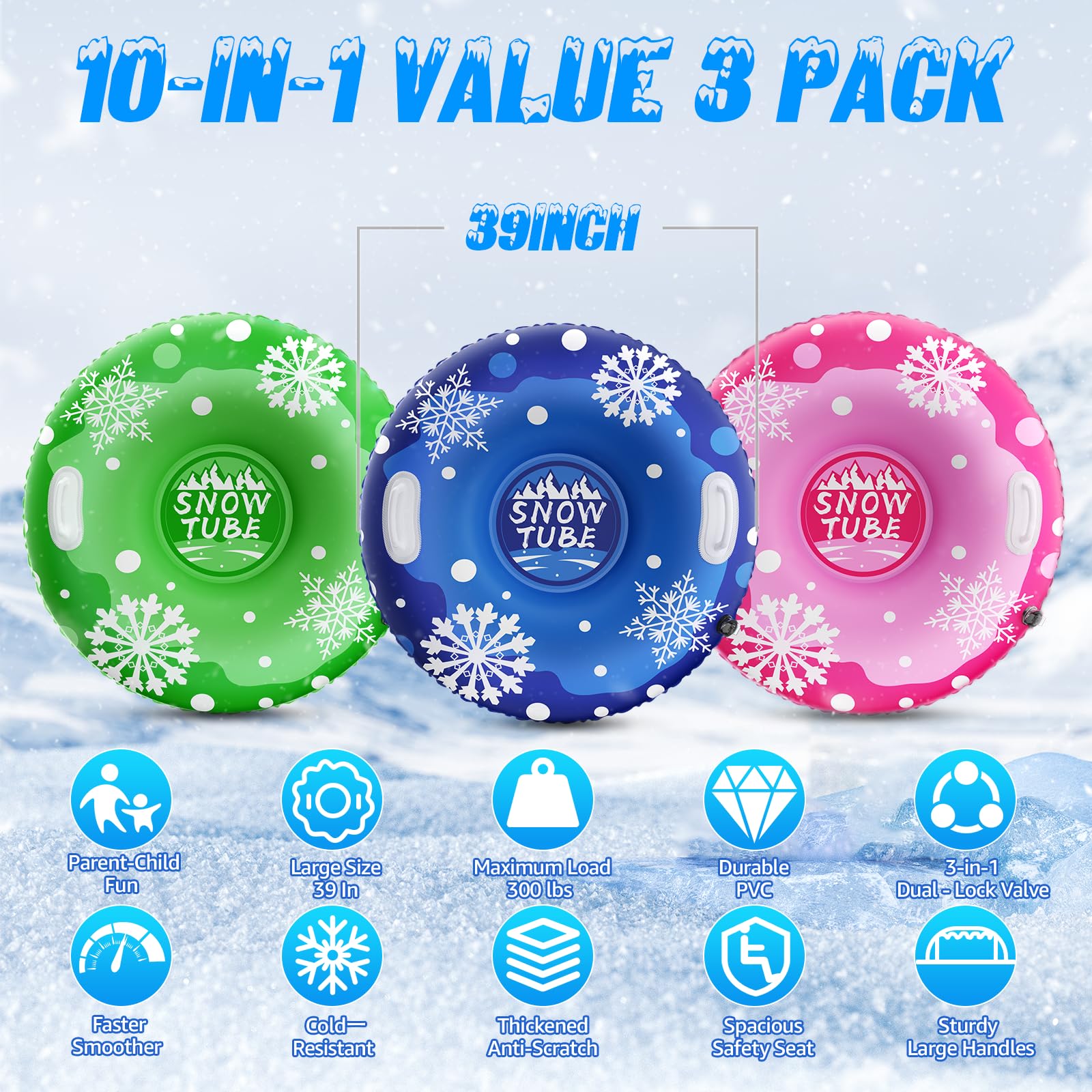 39'' Snow Tube Sled, 3Pack for The Whole Family Inflatable Snow Sled for Kids and Adult, Thickened Heavy Duty Sleds for Snow with Handles, Outdoor Winter Snow Toys for Boys Girls Tubing Sled Gift Set