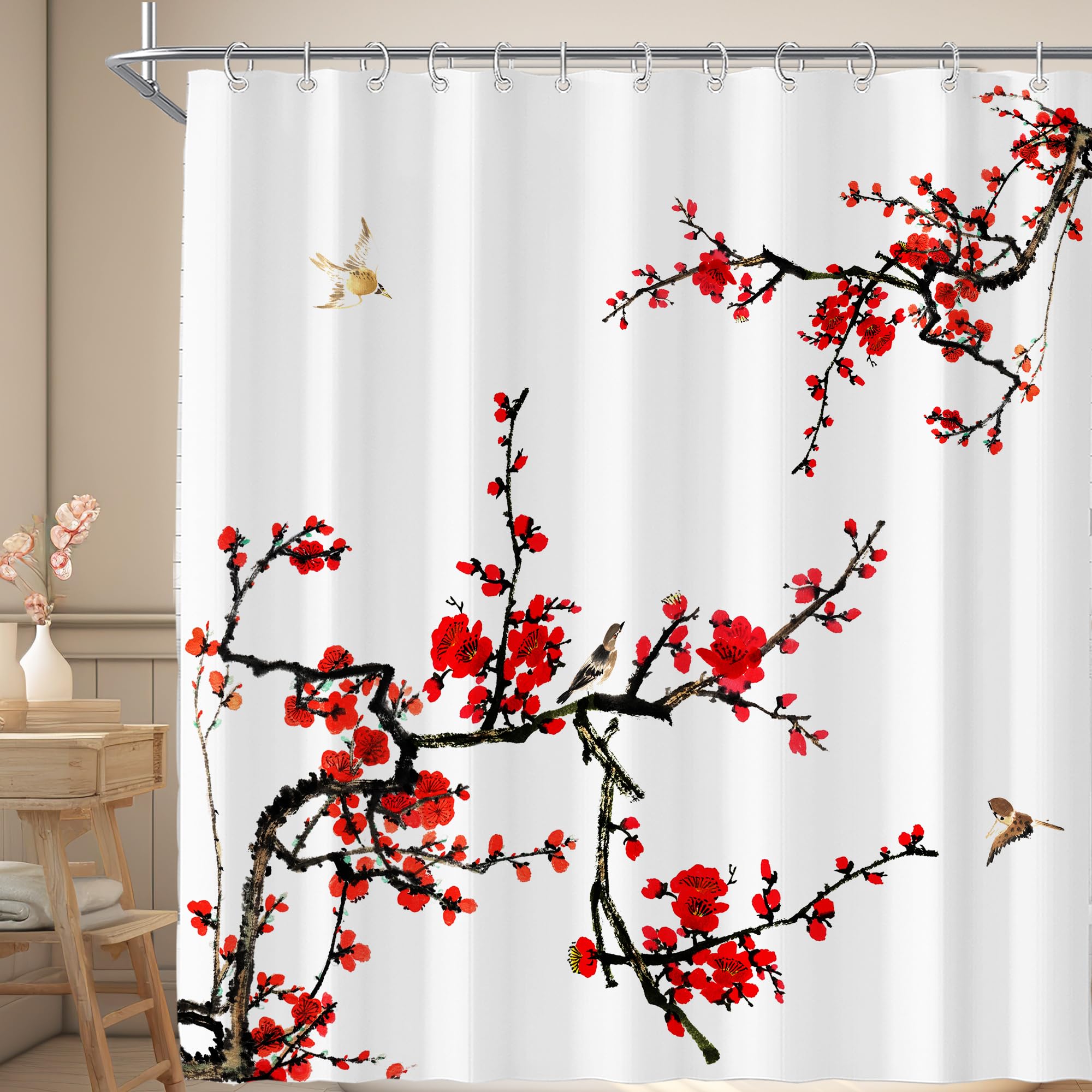 Visioun Red Floral Cherry Blossom Shower Curtain for Bathroom 72W*72H Inch Bird Spring Blossoming Plum Asian Japanese Flower Bathtub Decor Plant