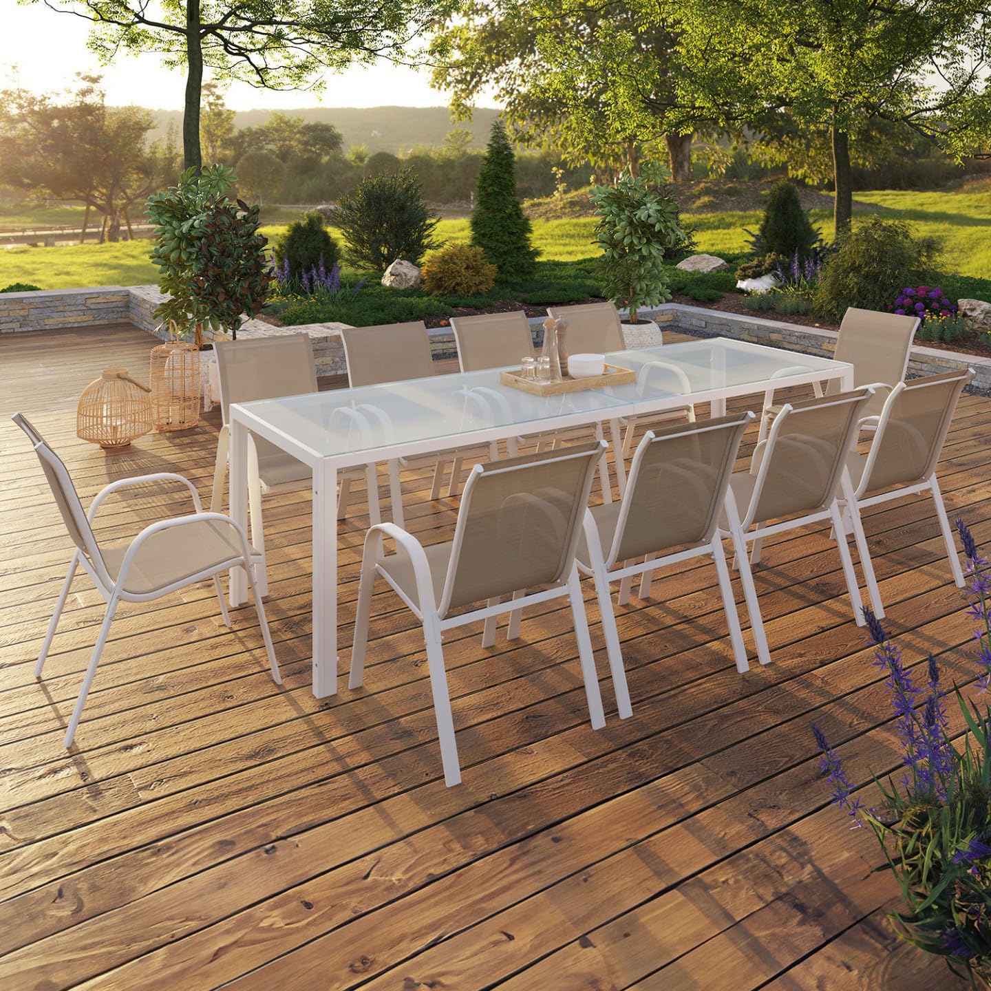 IDMarket - Salon de Jardin Madrid Table 240 CM et 10 chaises empilables Blanc et Beige