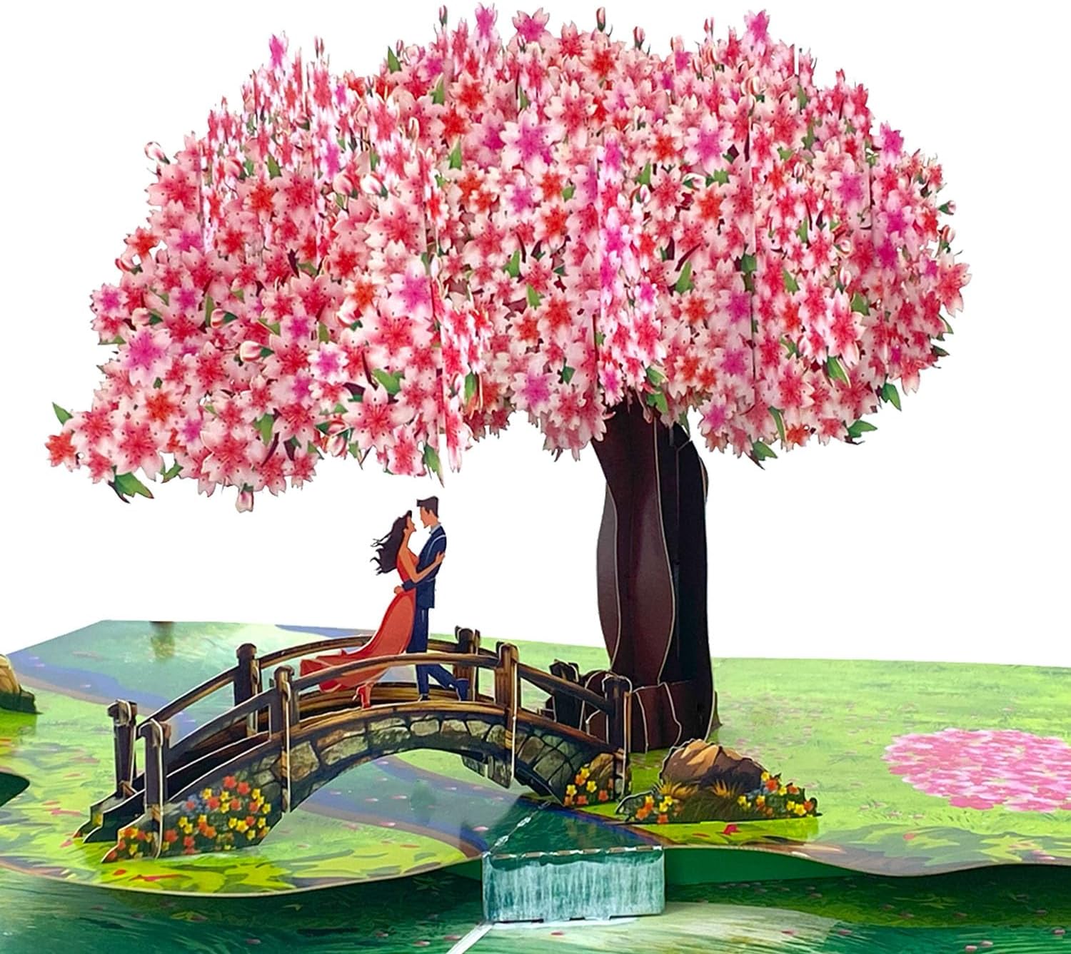 Pop Up Anniversary Cards 3D Cherry Blossom Bridge with Couple in Love, Romantic Greeting Card for Wife, Husband, Her, Him, Wedding Card, Happy Valentine’s Day, 6"x 8" Happy Mother’s Day Pop Up Card