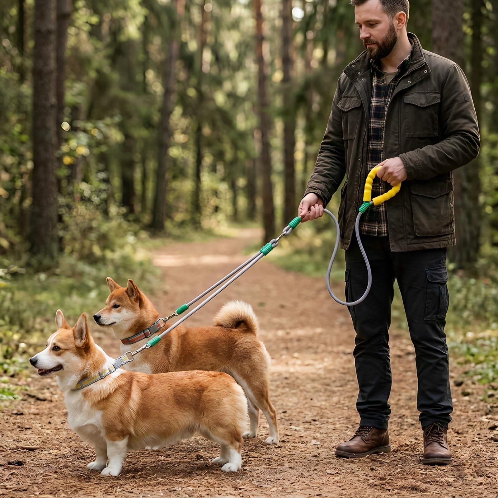 Laisse Double pour Deux Chiens, Conception Anti-Traction, Taille M, 0,8 cm d'épaisseur, 150 cm de Longueur, Nylon avec poignée Mousse, Laisse élastique Extensible, Jaune et Violet