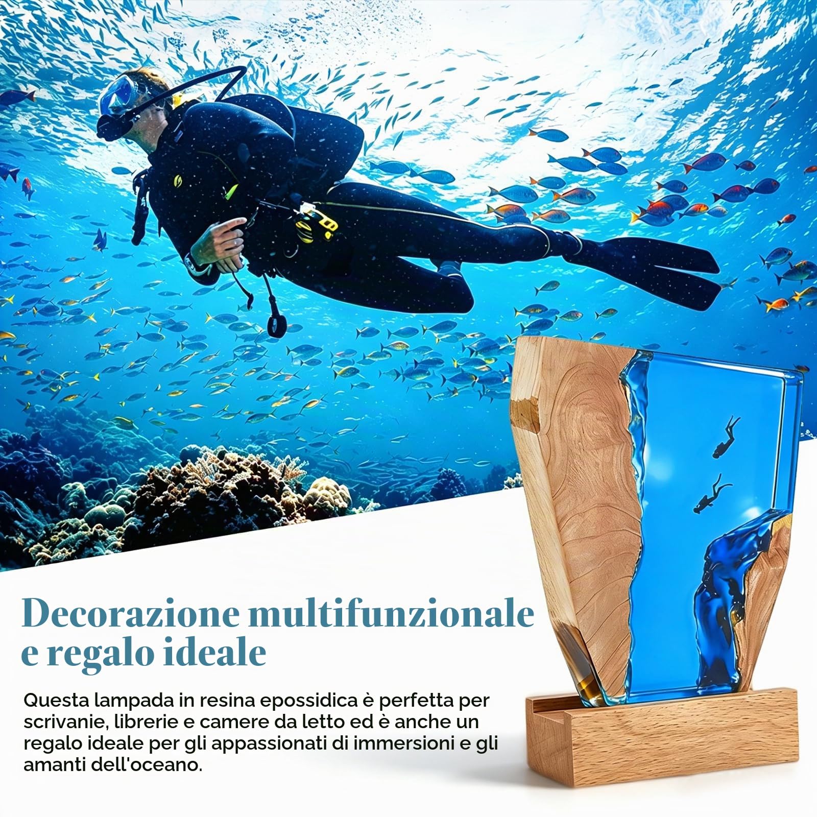 Luce Notte Resina, Luce Lampada Notturna 3D Oceano in Resina, Lampada Oceanica LED Subacqueo Base in Legno, Epossidica Paesaggio Sottomarino, Decorazion per Cameretta Soggiorno Ufficio