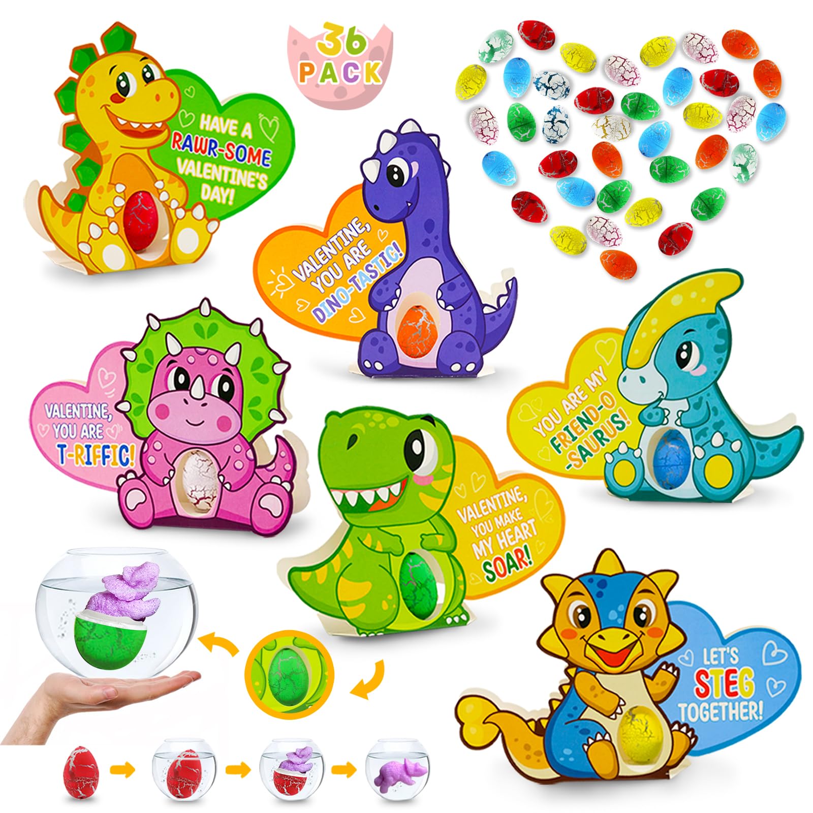 36 Pack Hatching Dinosaur Eggs with 36 3D Greeting Cards, Valentines Day Cards Gifts for kids, for Kids Classroom Exchange Prize, Valentine's Party Favors for Boys Girls