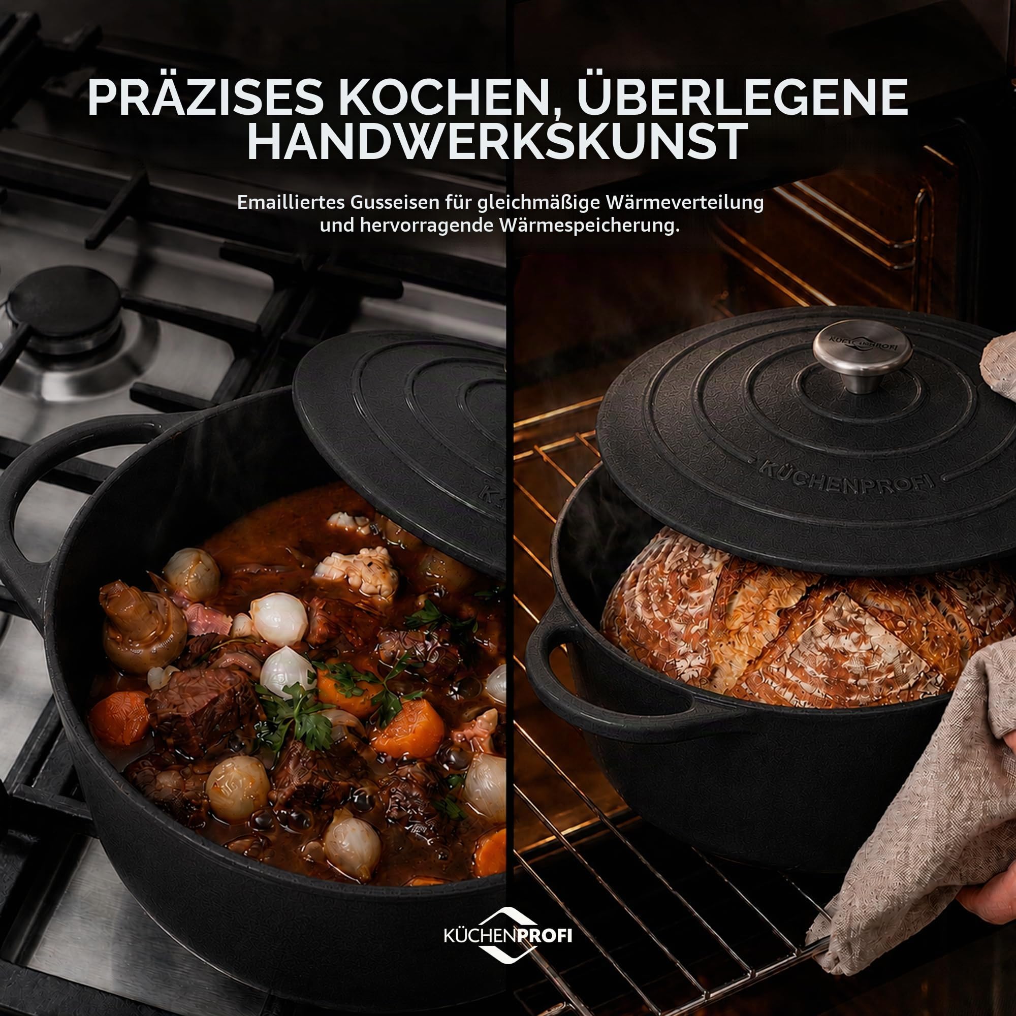Küchenprofi Bratentopf PROVENCE rund emailliertes Gusseisen mit Deckel schwarz, für alle Herdarten und Induktion, energiesparend, aromaschonend - Fassungsvermögen: 5,3l, Durchmesser: 26 cm, 401001026