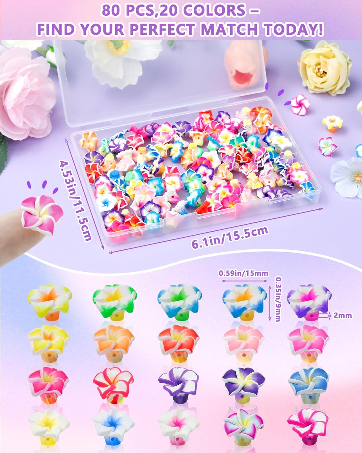 FIVEIZERO 80PCS Clay Plumeria Flower Beads, 20 Colors Hawaiian Polymer Floral Bead Charms for Bracelets, Necklaces & DIY Jewelry Making Crafts - Image 2