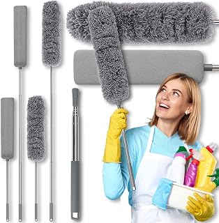 Retoo Dust Duster Telescopic Washable Up to 250cm Microfiber Dust Wiper with 2 Accessories, Round and Elongated and Telescopic Rod Extendable Spider Web Broom for Ceiling, Corner, Furniture, Windows