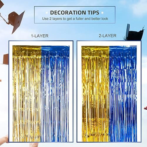 Miniatura 4 de LOLStar Paquete de 3 decoraciones de fiesta de graduación azul y dorado 2022, cortinas de flecos de papel de aluminio de 3.2 x 6.6 pies, telón de