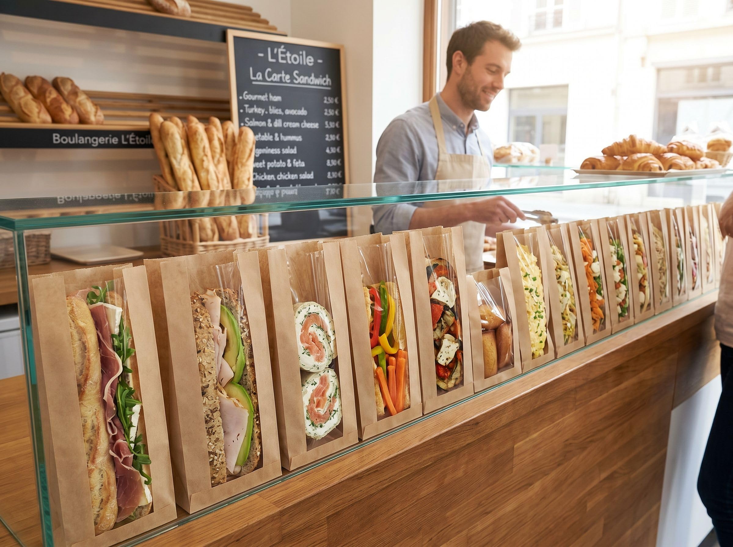 1000 Bolsas Kraft para Sandwich y Baguette con Ventana | 10 + 4 x 29 cm | Bolsas de Papel para Pan, Bollería, Bocadillos y Bakery Take Away