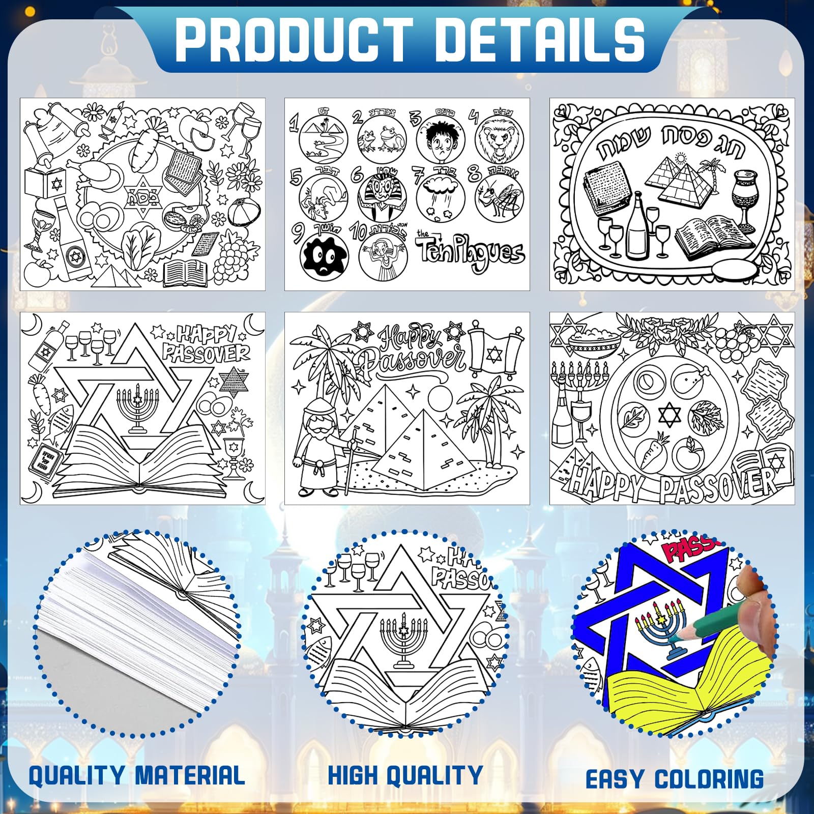 SYUCVQI 42 Pcs Passover Coloring Placemats Disposable Table Mats with Pens DIY Passover Coloring Paper Mats Table Passover Decors for Pesach Holiday Passover Theme Dinner Party Supplies - Image 3