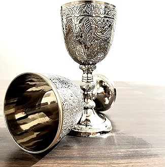 Morcomart Handmade Gothic Theme Embossed Glass Vintage Cup Silver Finish Chalice Goblet Cup (Pack of 1)