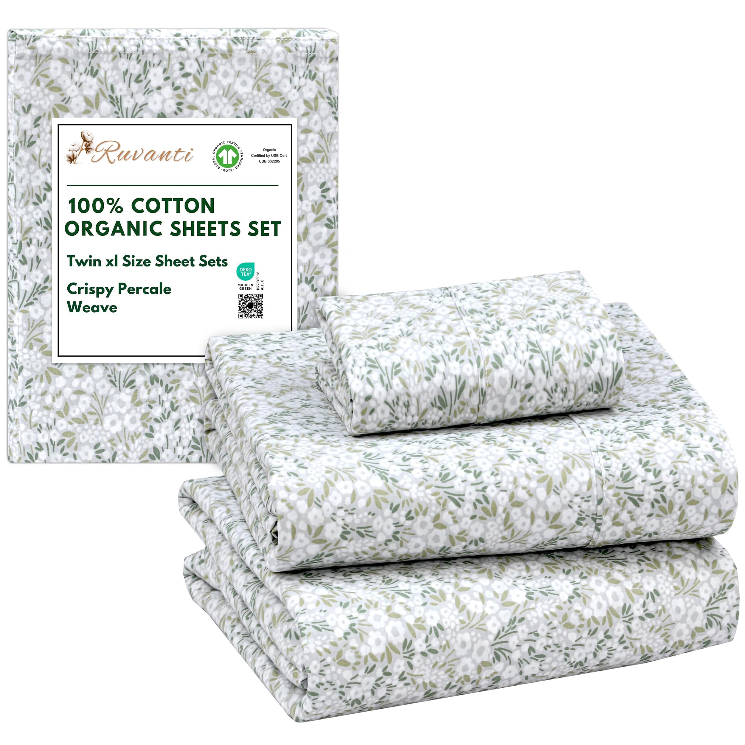 RUVANTI Prześcieradła ze 100% bawełny organicznej Twin XL, perkalowy splot, certyfikat GOTS, 3-częściowy zestaw, głęboka kieszeń 38 cm, wyraźna i oddychająca, miękka, trwała pościel, Sábanas Algodón