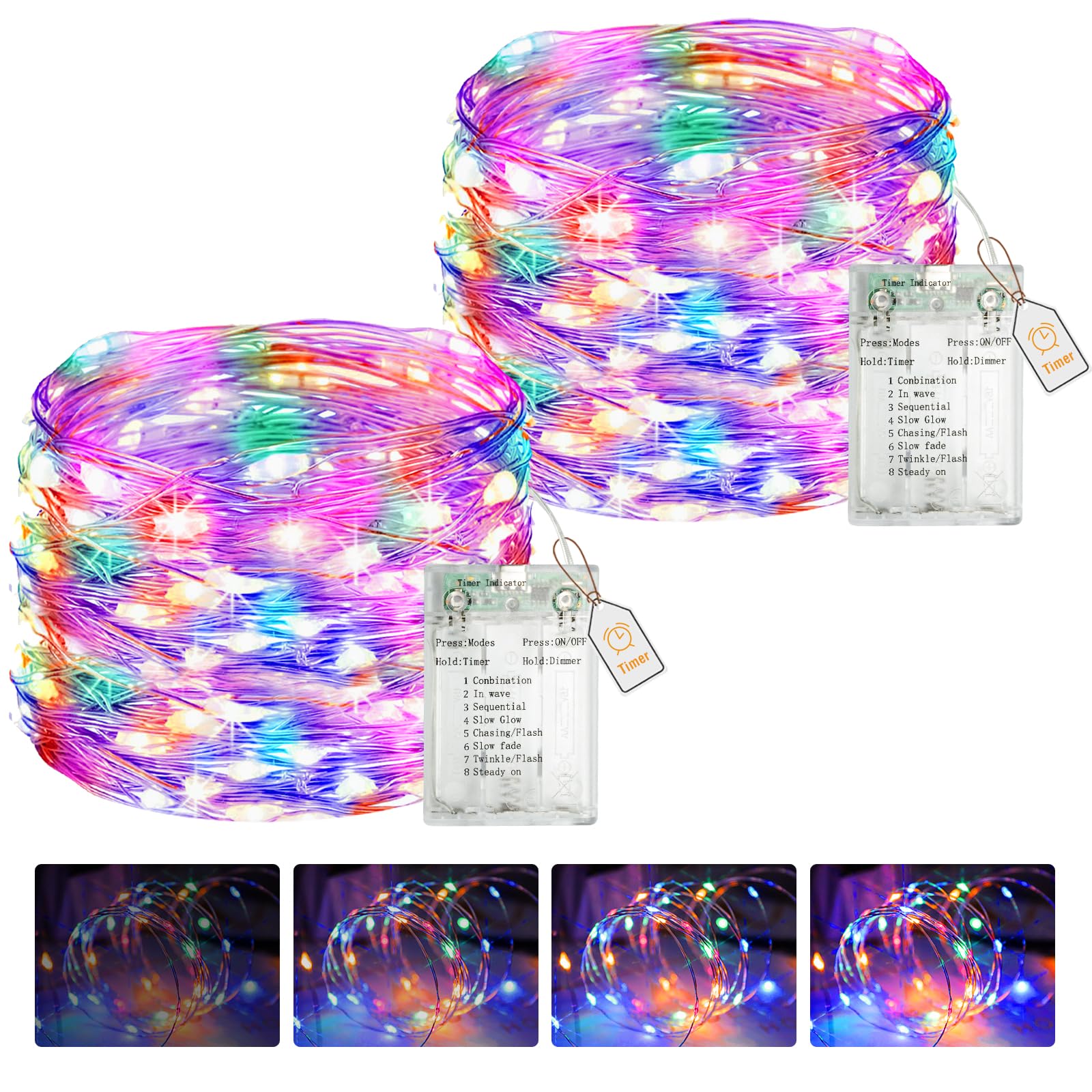 btfarm 2 Pack Fairy Lights Battery Operated with Timer Dimmable, 8 Modes String Lights USB Powered, 5 M 50 LED Christmas Wire Lights Waterproof for Xmas Tree Indoor Outdoor Bedroom Decor, Multicolored