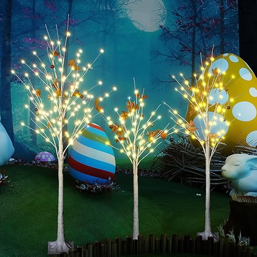 Miniatura 5 de Recaceik Árbol de abedul iluminado de 4 pies 5 pies y 6 pies árbol de abedul artificial con luz de flores paquete de 3 para Navidad Halloween fiesta