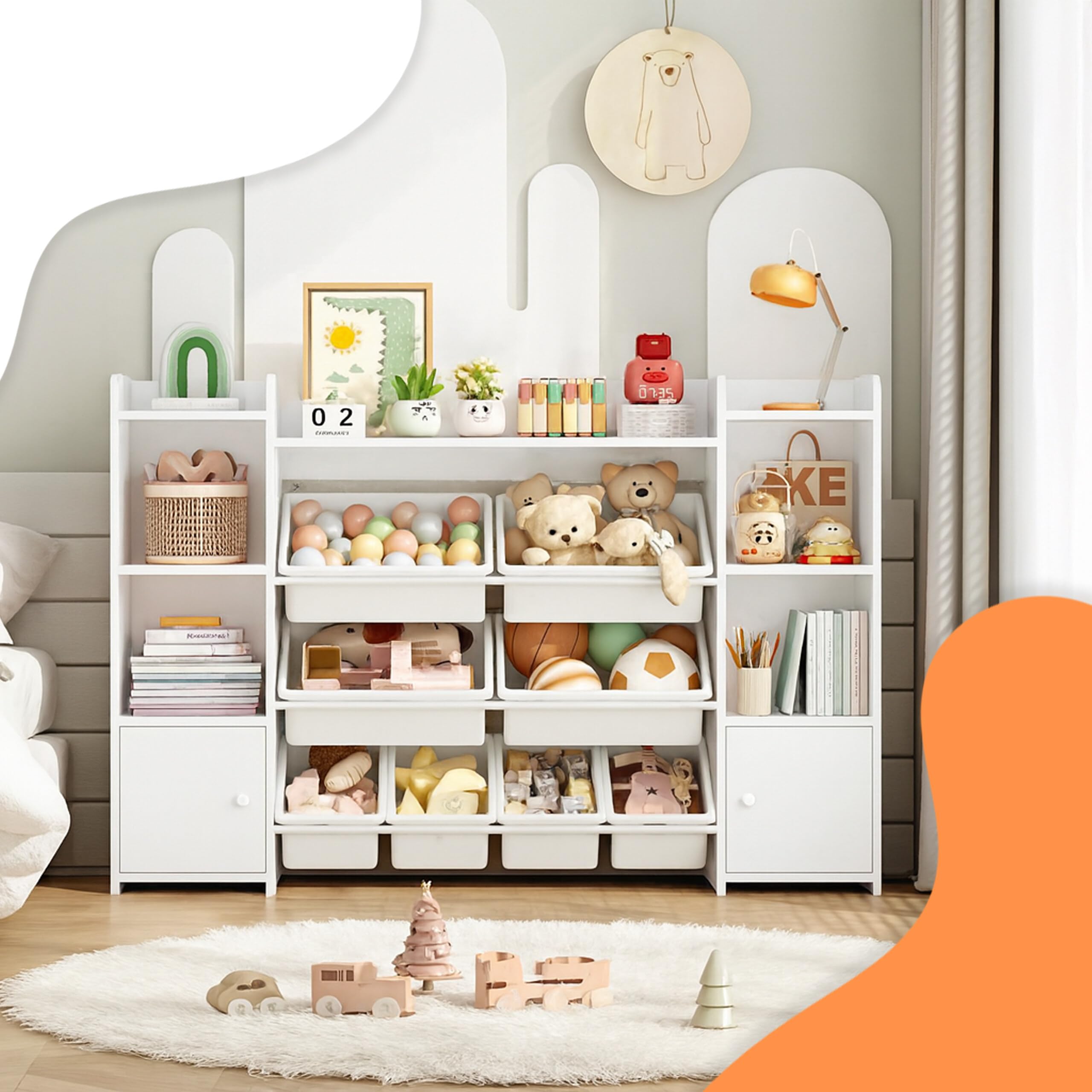 Relaxdays Scaffale Libreria per Bambini, 8 Scatole Portagiochi e Ripiani per Libri, HLP: 94x139x30 cm, MDF e PE, Bianco