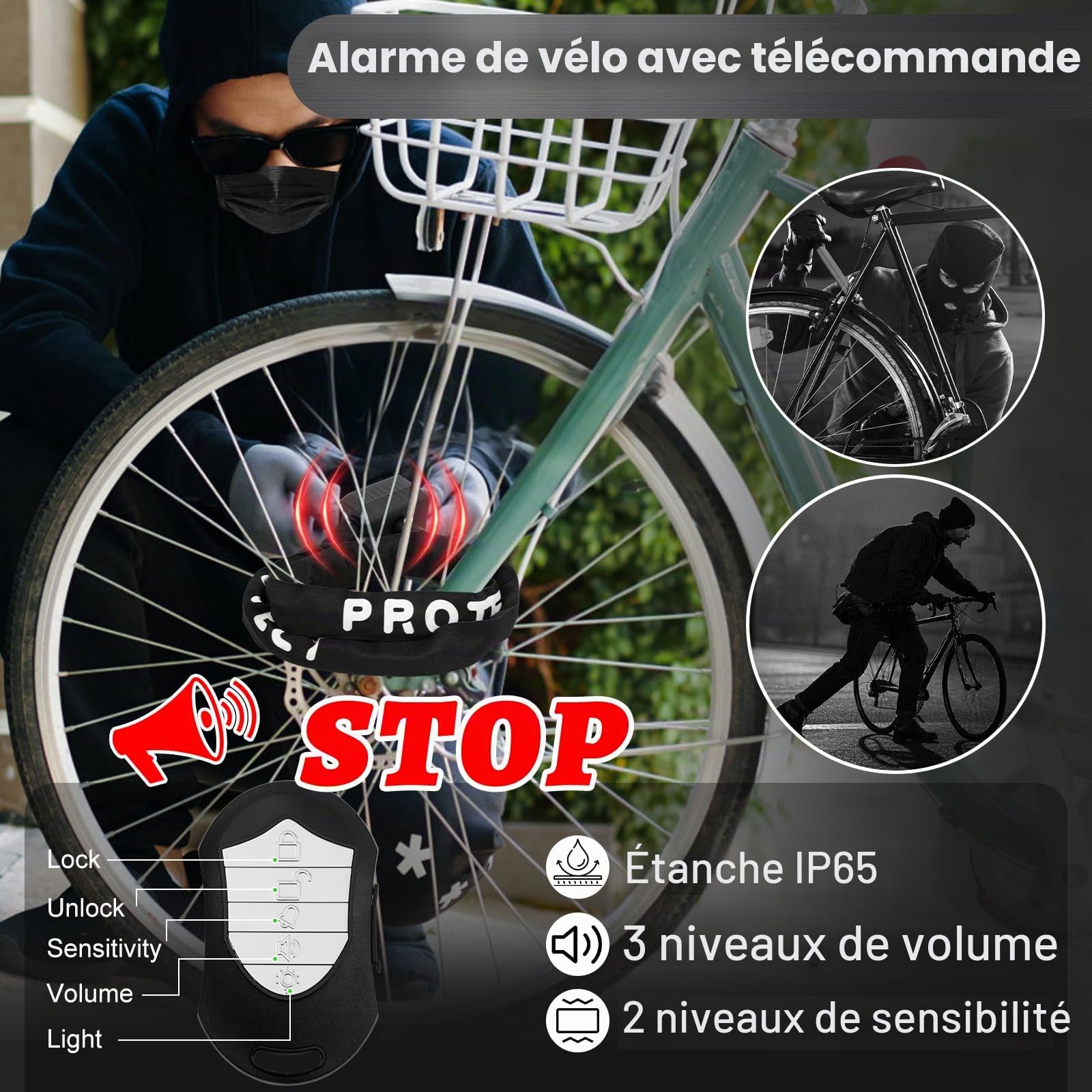Serrure de vélo avec alarme et serrure de chaîne - Chaîne Anti - Rouille 8mm, Alarme 110db IP65 étanche avec 2 télécommandes, Double chaîne antivol pour vélo, scooter, moto électrique, entrepôt