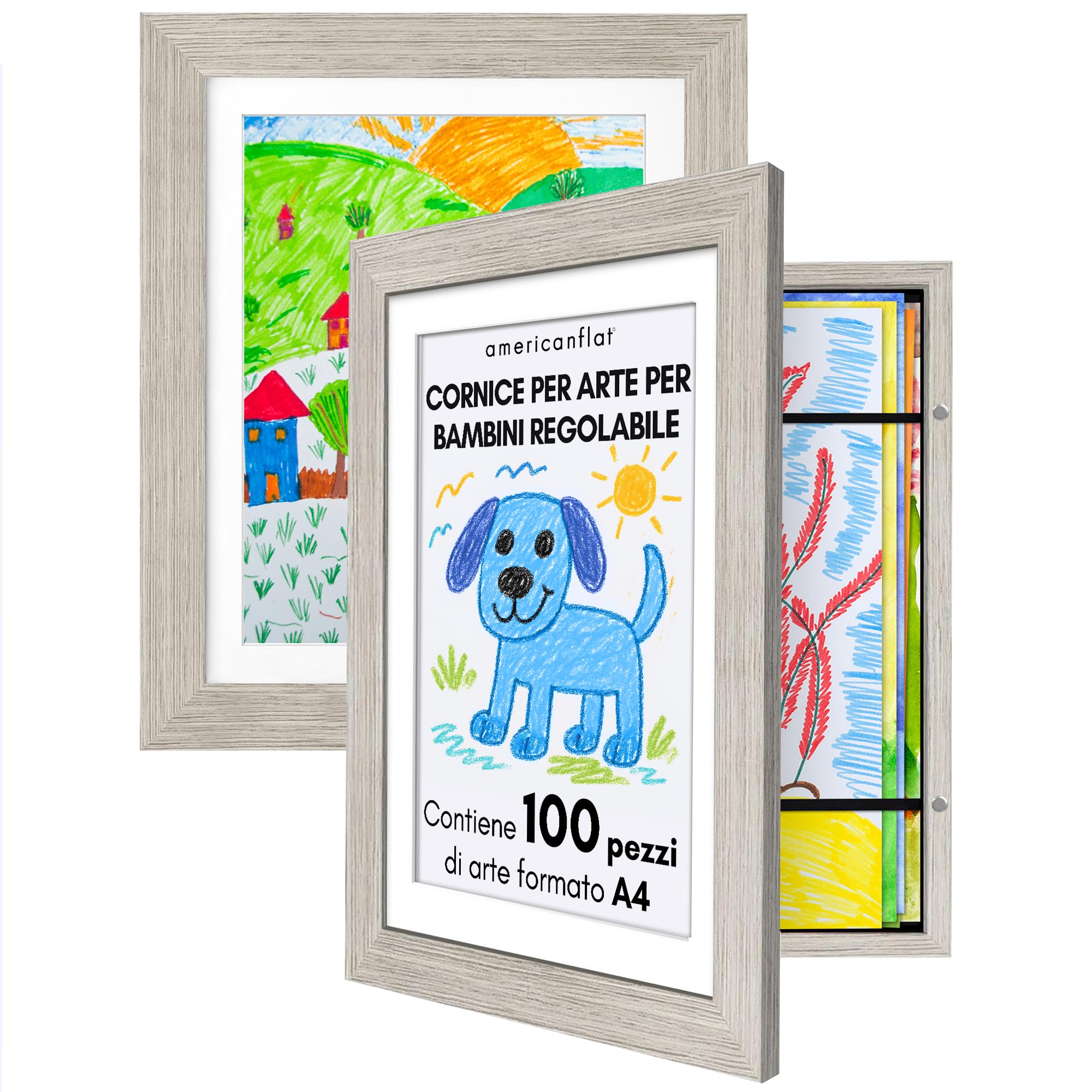 Americanflat Cornice Porta Disegni per Bambini (Legno di Mare) - Cornice A4 con Passepartout e 25x32 cm Senza Passepartout - Cornice Apribile per Disegni Bambini con Vetro Infrangibile, Pacco da 2