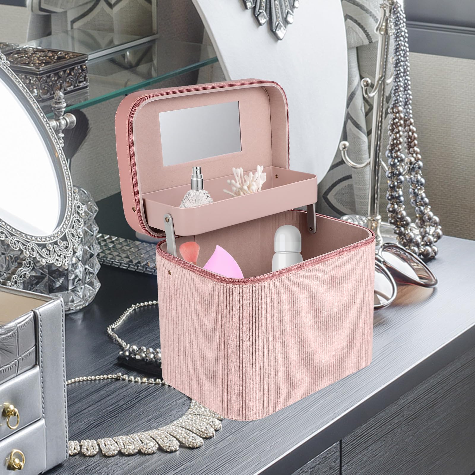 Hohopeti Doppellagige Kosmetiktasche Damen mit Spiegel Robuste Reisekosmetiktasche Rosa Tragbarer Kulturbeutel für Make Up und Hautpflege