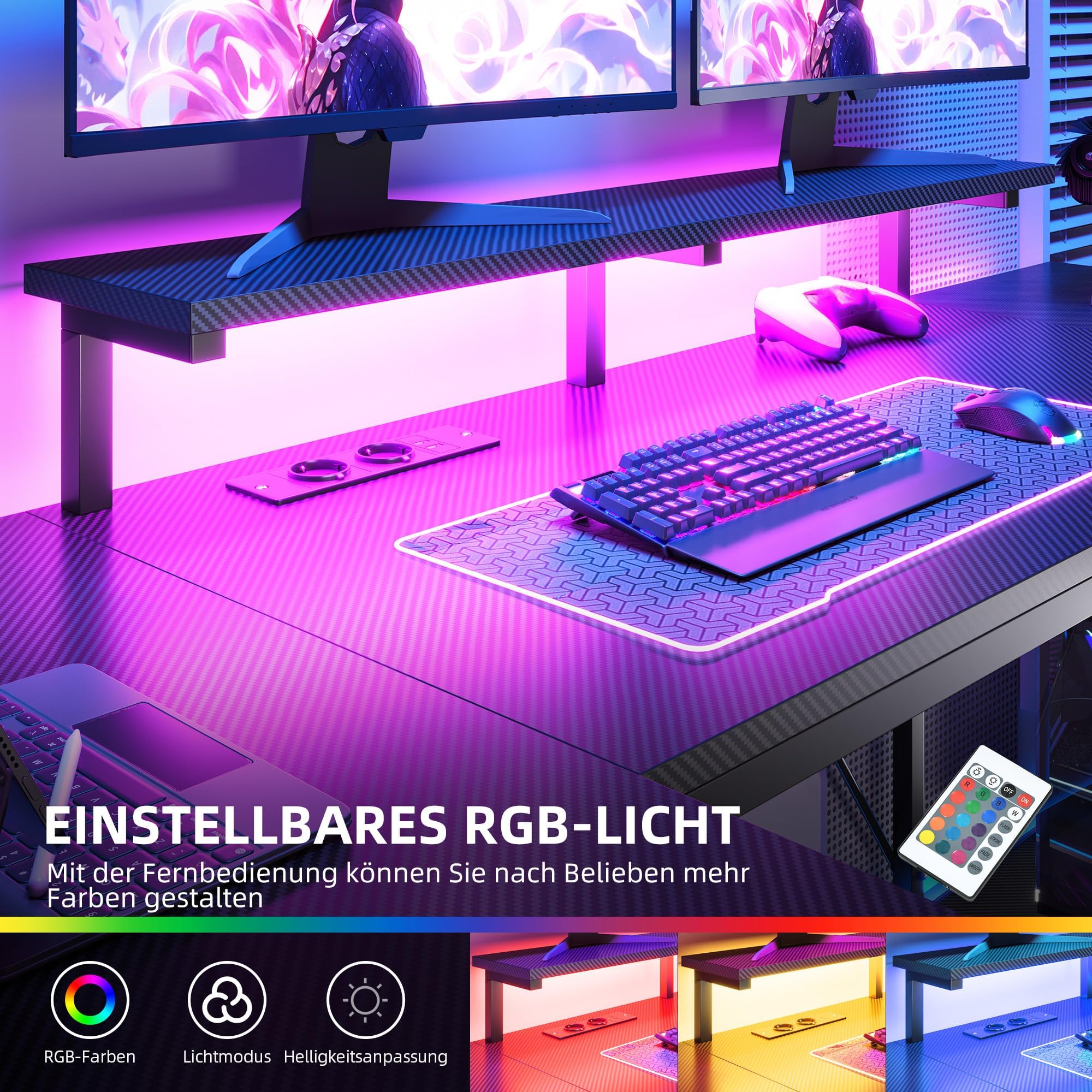 YITAHOME Computer Schreibtisch 158 x 100 cm, Gaming Tisch mit Steckdosen & LED-Lichter, Reversibler Eckschreibtisch mit Regalen, Computertisch schubladen & Stauraumfür Home Office, Schwarz