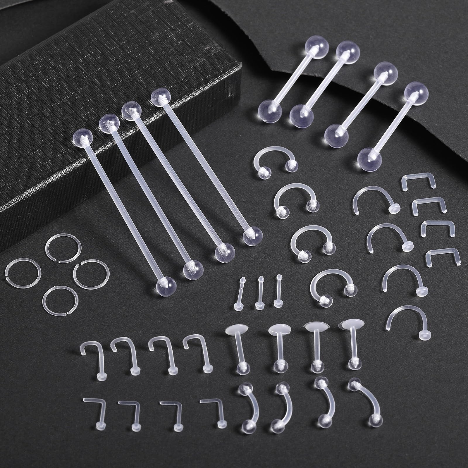 Tucnoeu 44-częściowy zestaw przezroczystych kolczyków do nosa, akrylowy, przezroczysty, piercing do brwi, wargi, nosa, języka, pępka, zestaw do piercingu, do pracy, chirurgii