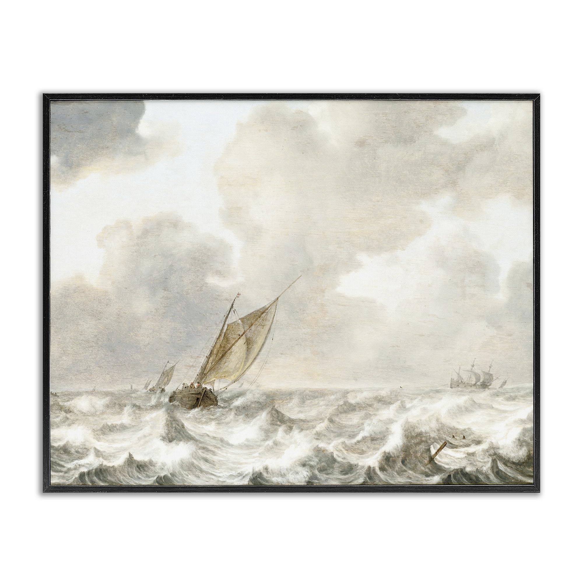 Stupell Industries Midnight Black (Textured) Stormy Seas Nautical Coastal Adventure, 24 X 30 Inch Framed Giclée Print