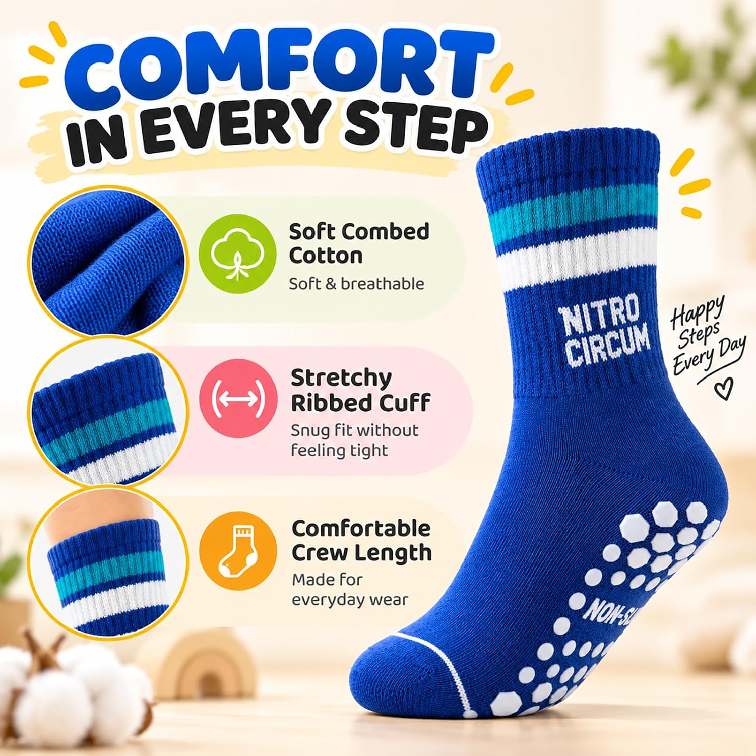 5 Pairs Kids Grip Socks, Non Slip Cotton Crew Socks for Trampoline Sports