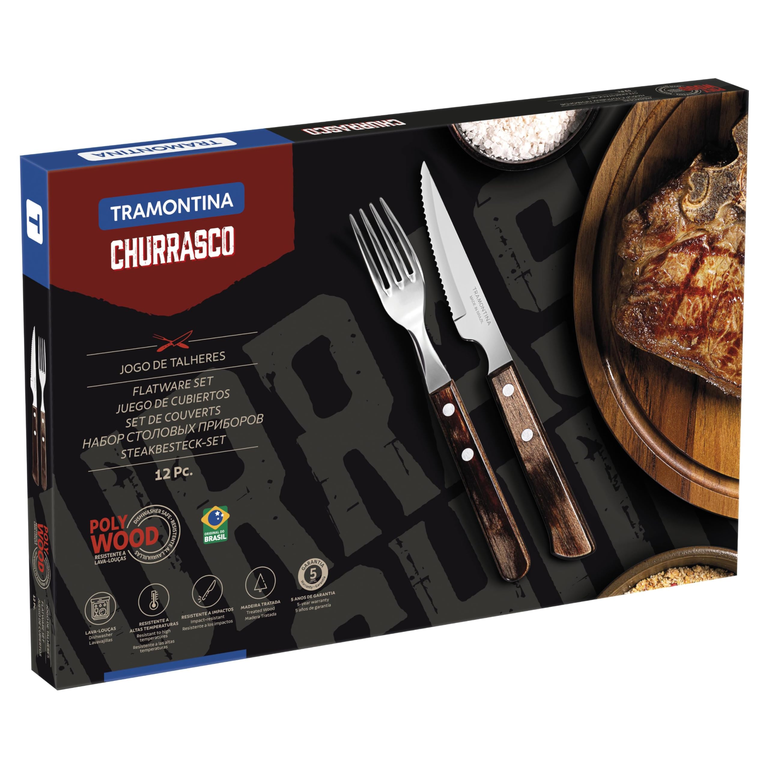 Tramontina 21199/909 Steakbesteck-Set, 12-teilig mit braunen Griffen 2-Fach vernietet