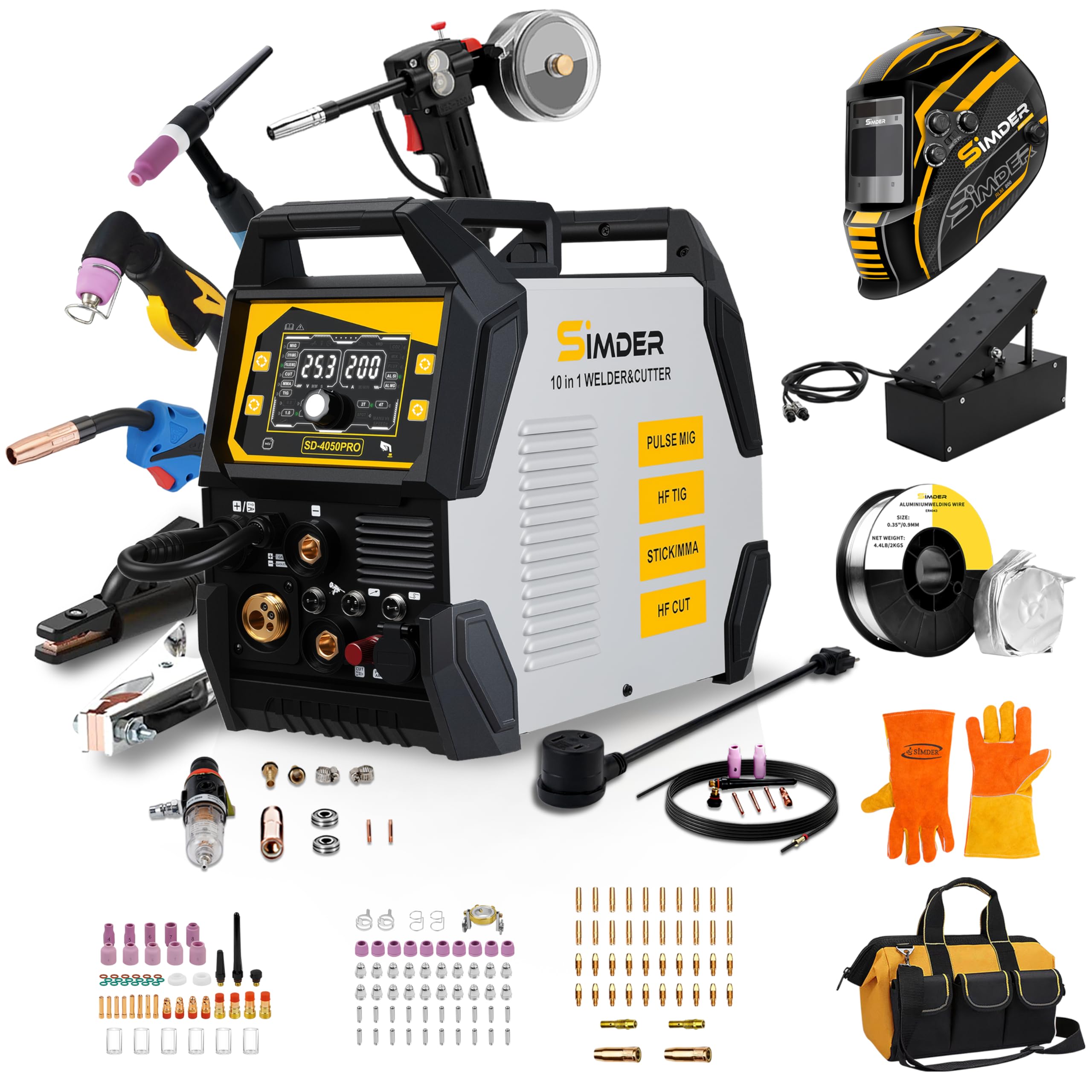 SSimder 200A 10-in-1 Plasma Cutter Welder Combo, Pulse MIG, Synergic Flux Core MIG, HF TIG, Stick, 110V/220V Multiprocess Welding Machine with Spool Gun Foot Pedal Helmet Accessories