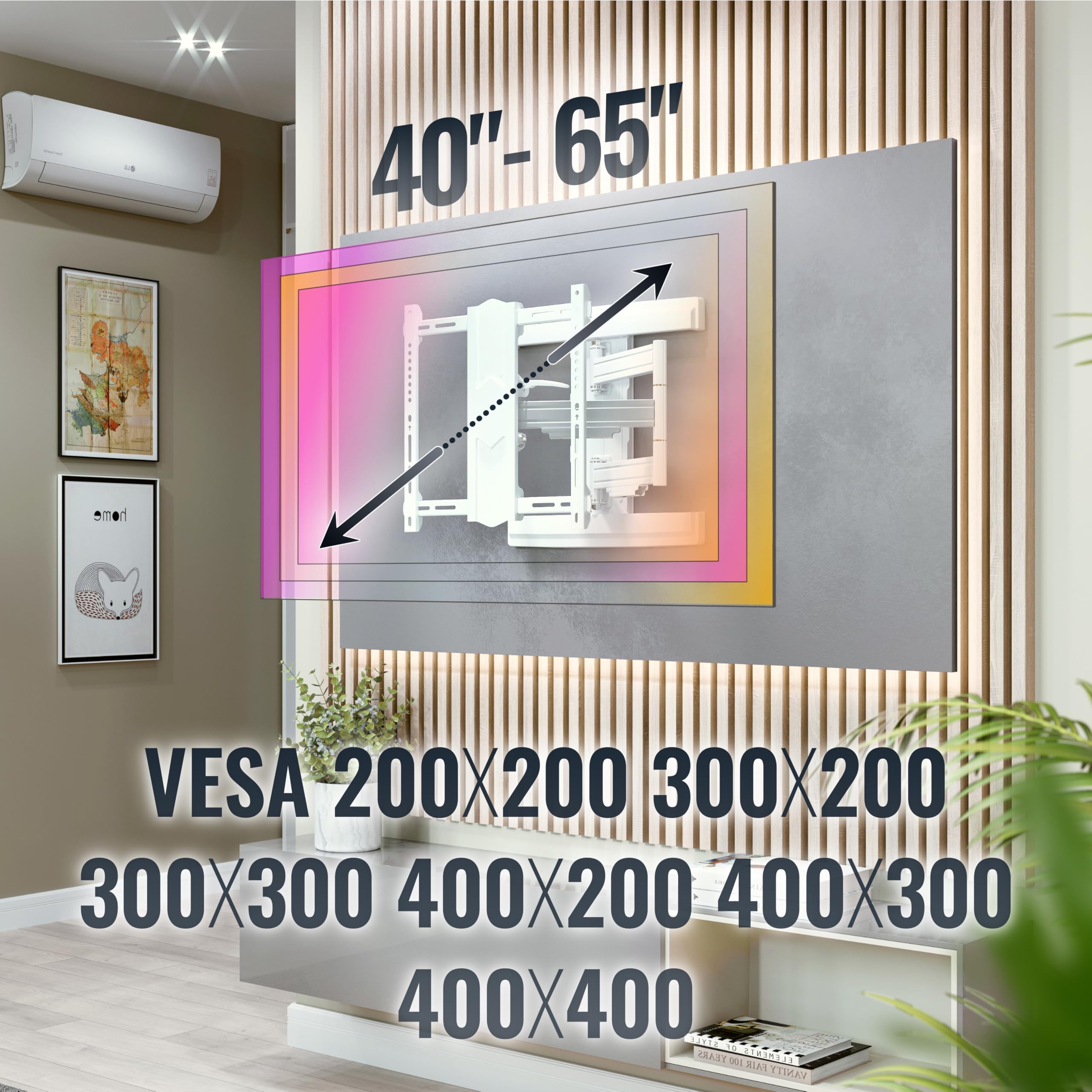 RICOO Soporte TV Pared Giratorio Inclinable Televisión 45-85" (114-216cm) S5744-W Brazo articulado Televisor LED/LCD/Curvo VESA 200x200-400x400
