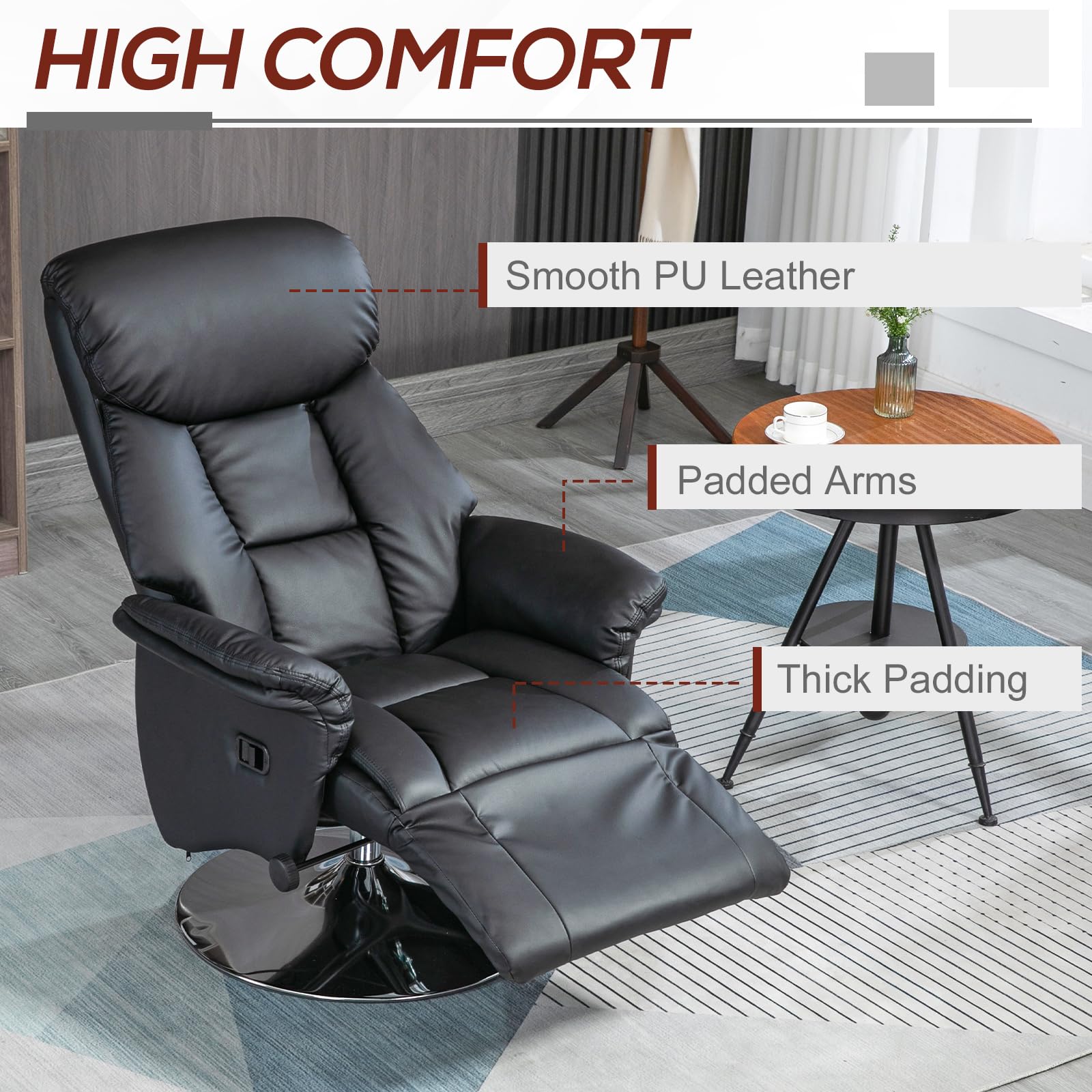 HOMCOM Swivel Recliner Chair, PU Leather Reclining Chair with Retractable Footrest, Padded Arms for Living Room - Black