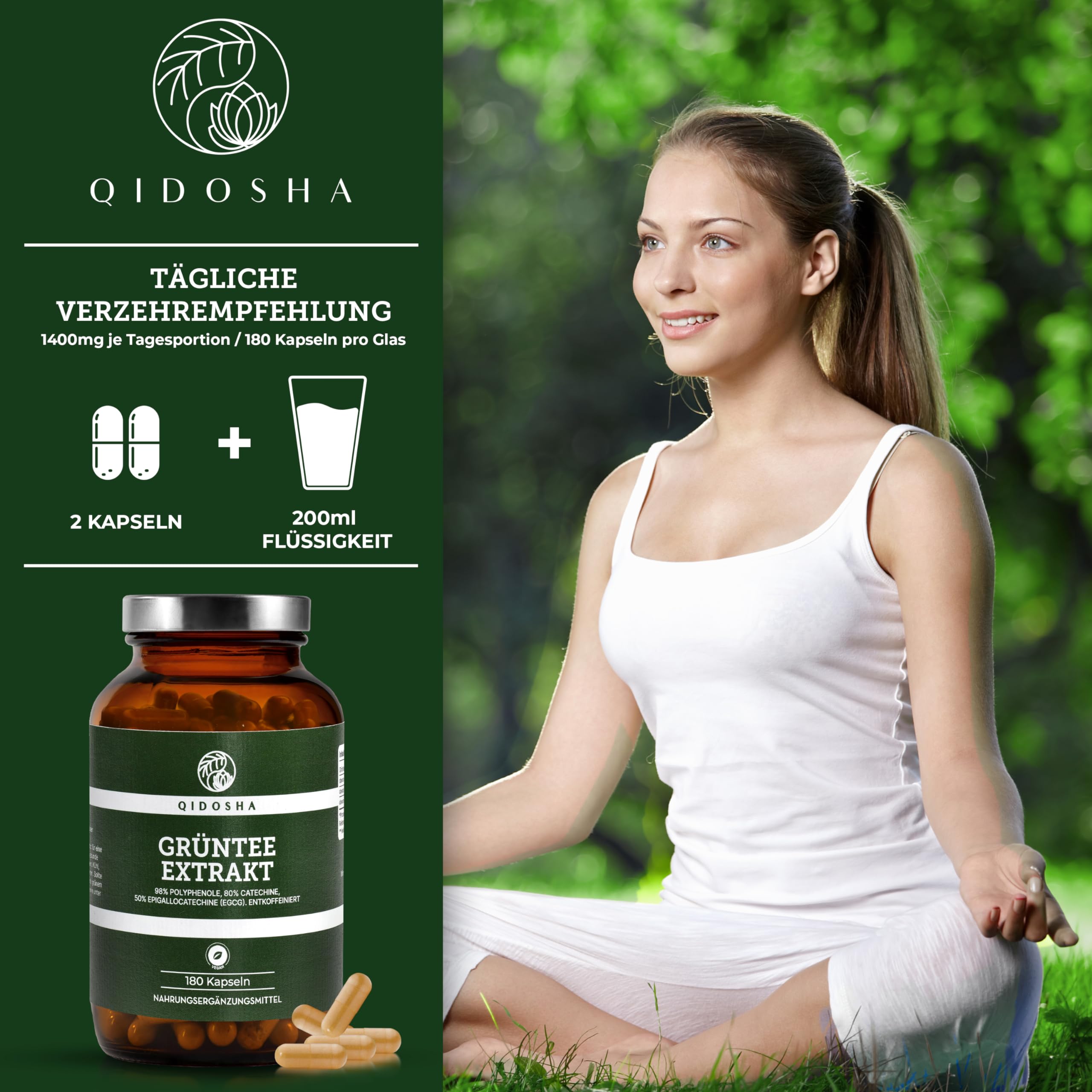 QIDOSHA® Grüntee Extrakt Kapseln entkoffeiniert mit 50% EGCG, 180 Stk, 700mg Grüntee-Extrakt ohne Koffein je Kapsel, davon volle 350mg reines EGCG, EGCG Kapseln hochdosiert ohne Koffein
