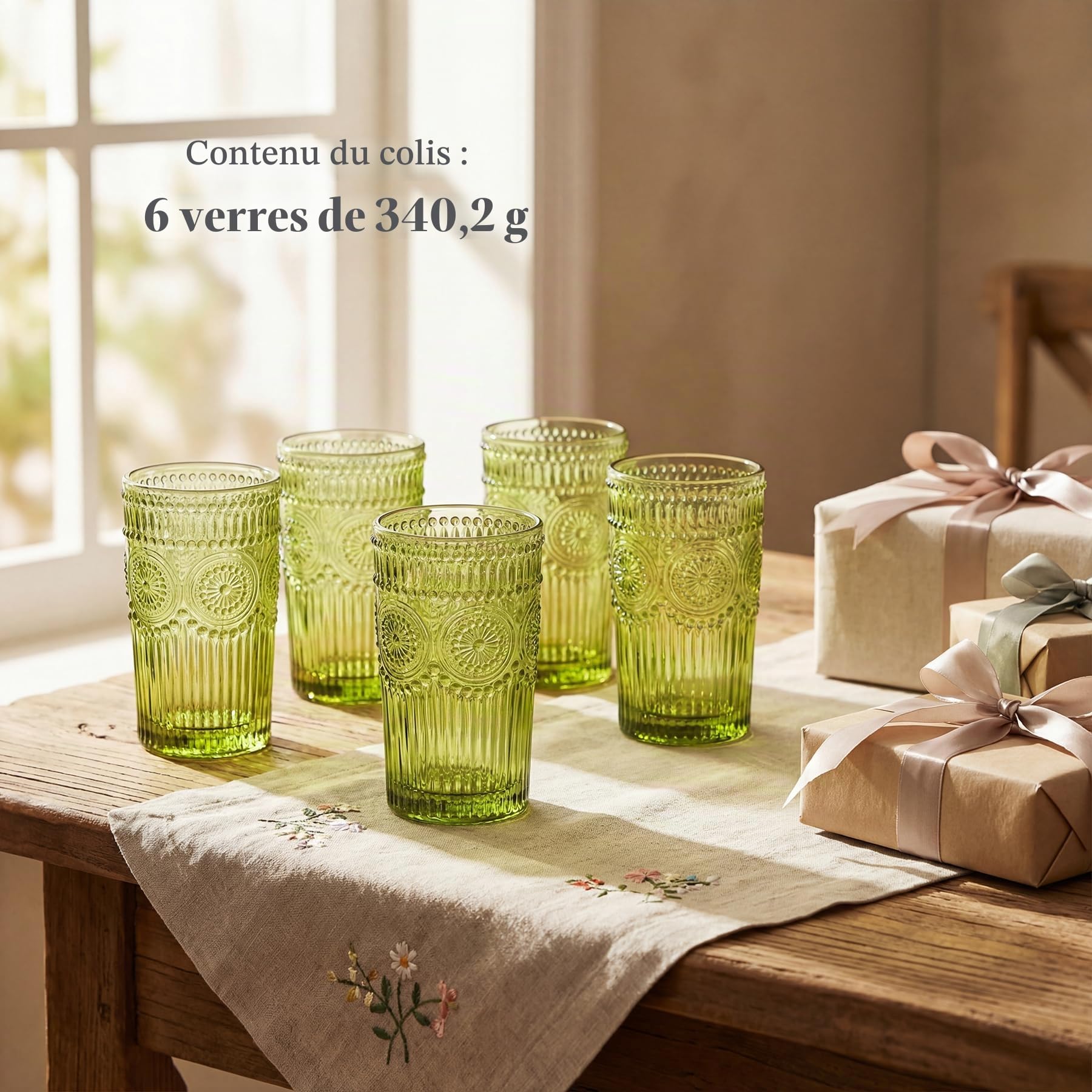 Kingrol Lot de 6 verres à eau vintage de 350 ml en relief romantique pour jus, boissons, bière, cocktails (vert)