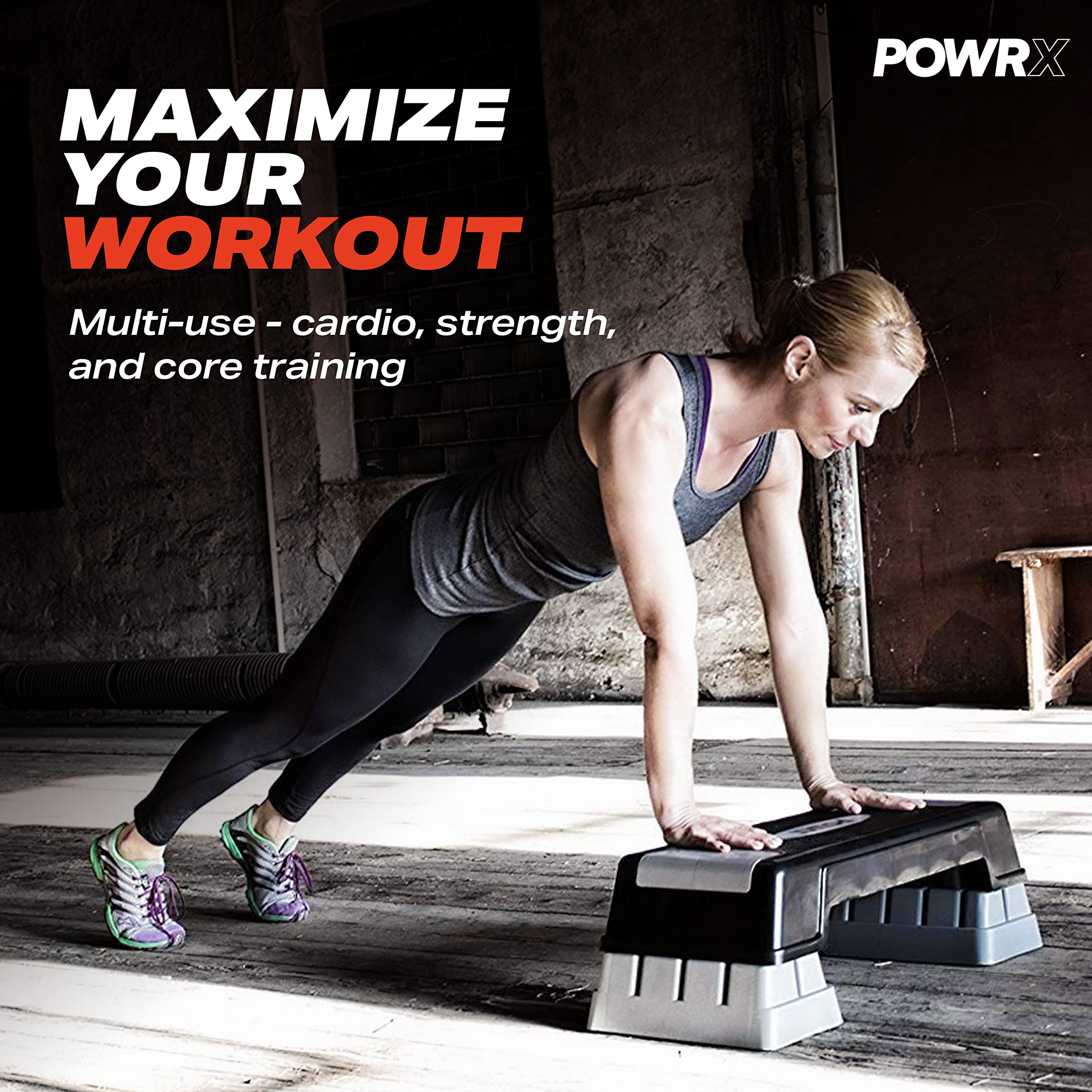 POWRX Aerobic Step Board - Folding Adjustable and Non-Slip Stepper for Aerobics, Gymnastics, and Fitness - Home Step Stepbench - 5/6.6/9.5'' (3 Levels) Gray