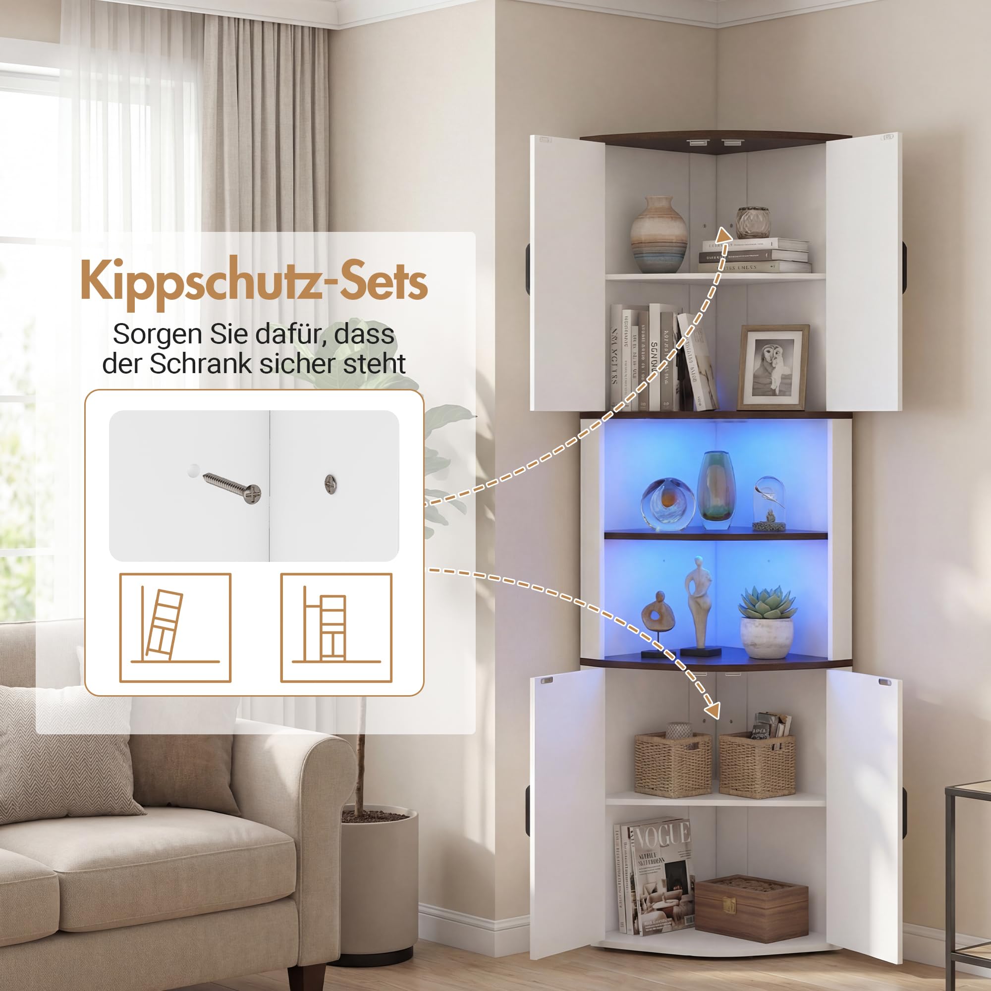 Eckschrank, Küchenschrank Hoch, LED Badezimmerschrank Schmal, Eckregal mit 4 Türen und 6 Ablageflächen, 165cm Aufbewahrungsschrank Holz, Hochschrank Buffetschrank für Küche, Wohnzimmer, Esszimmer