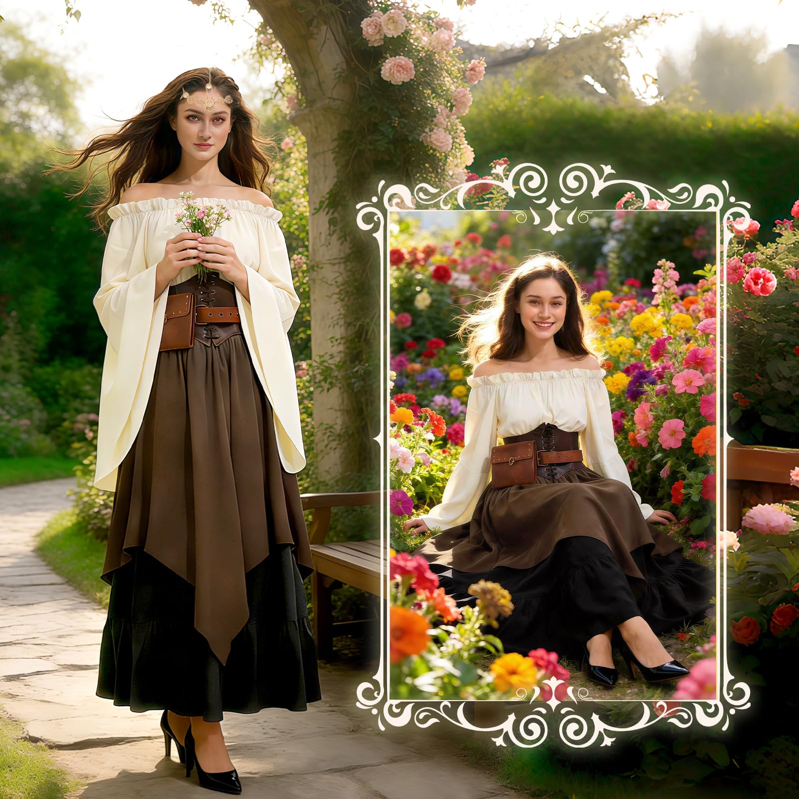 Mittelalter Kostüm Damen, Mittelalter Kleidung Damen Renaissance Kleid Erwachsene Set mit Corsett, Gürteltasche und Gürtel, Viktorianisches Kostüm für Karneval Halloween