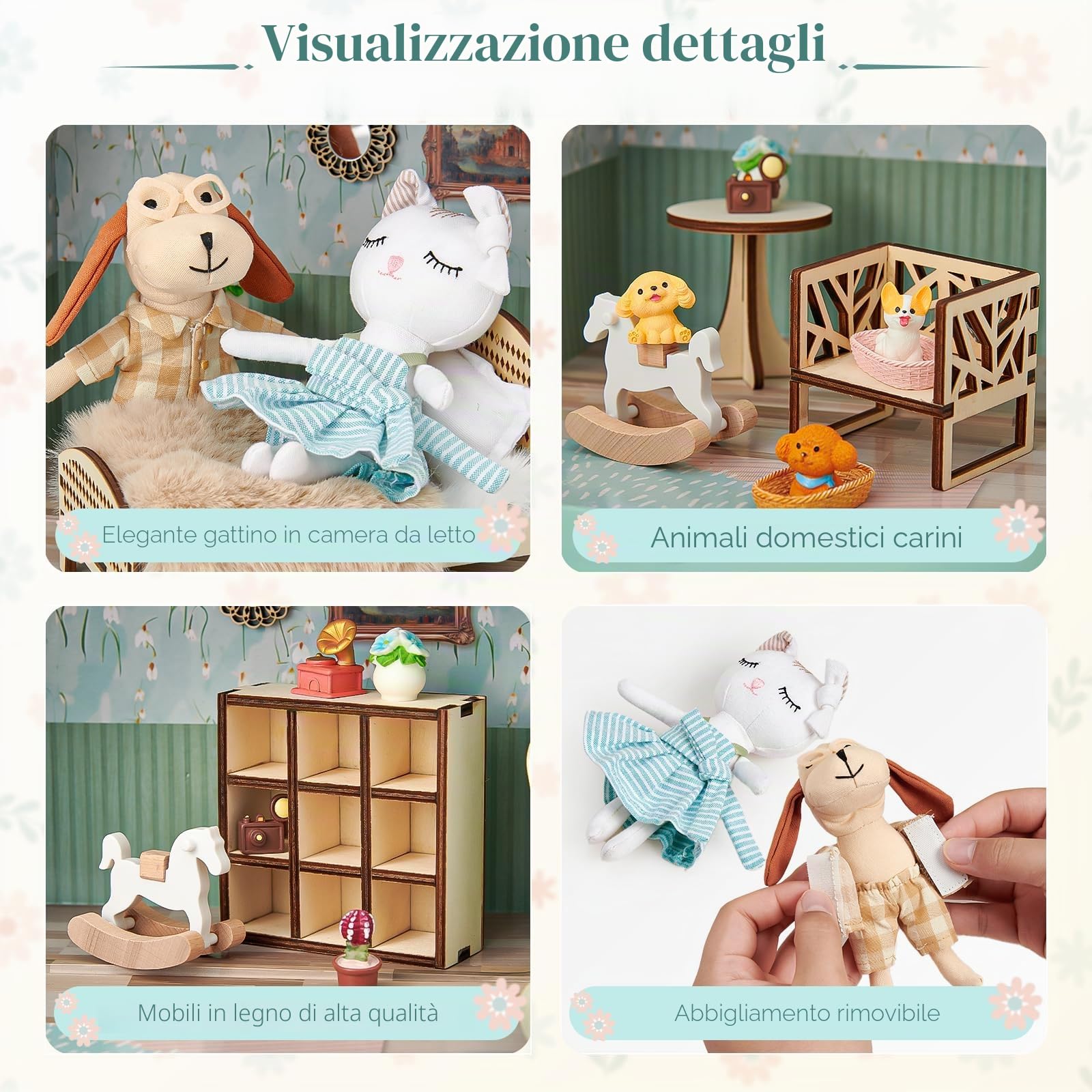 Casa delle Bambole Valigetta Portatile con Accessori, Mini Casa Fai-da-te con Gatto e Cane in Peluche, Mobili in Legno, Gioco di Ruolo, Regalo di Compleanno/Natale per Bambini e Bambine dai 3 Anni