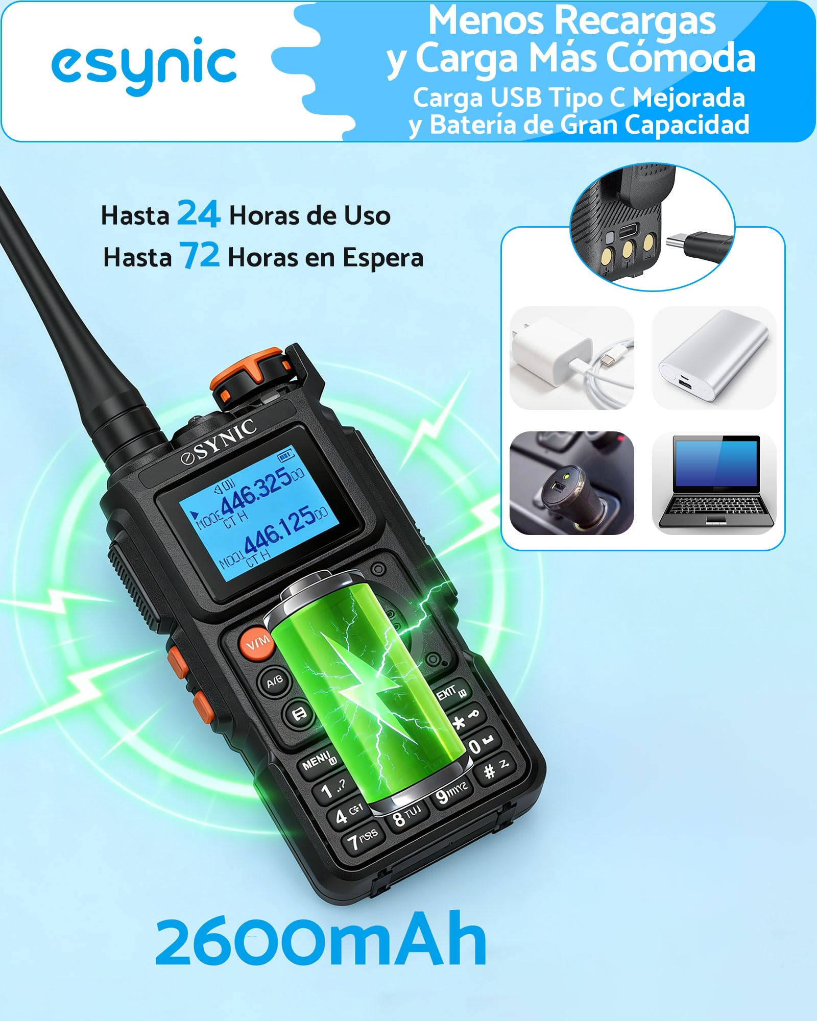 eSynic Walkie Talkies Profesionales de Largo Alcance con 999 Canales Doble Banda Walkie-Talkie con Pantalla a Color Radio Bidireccional Profesional Scrambler Carga USB Tipo C para Exterior Camping — view 7