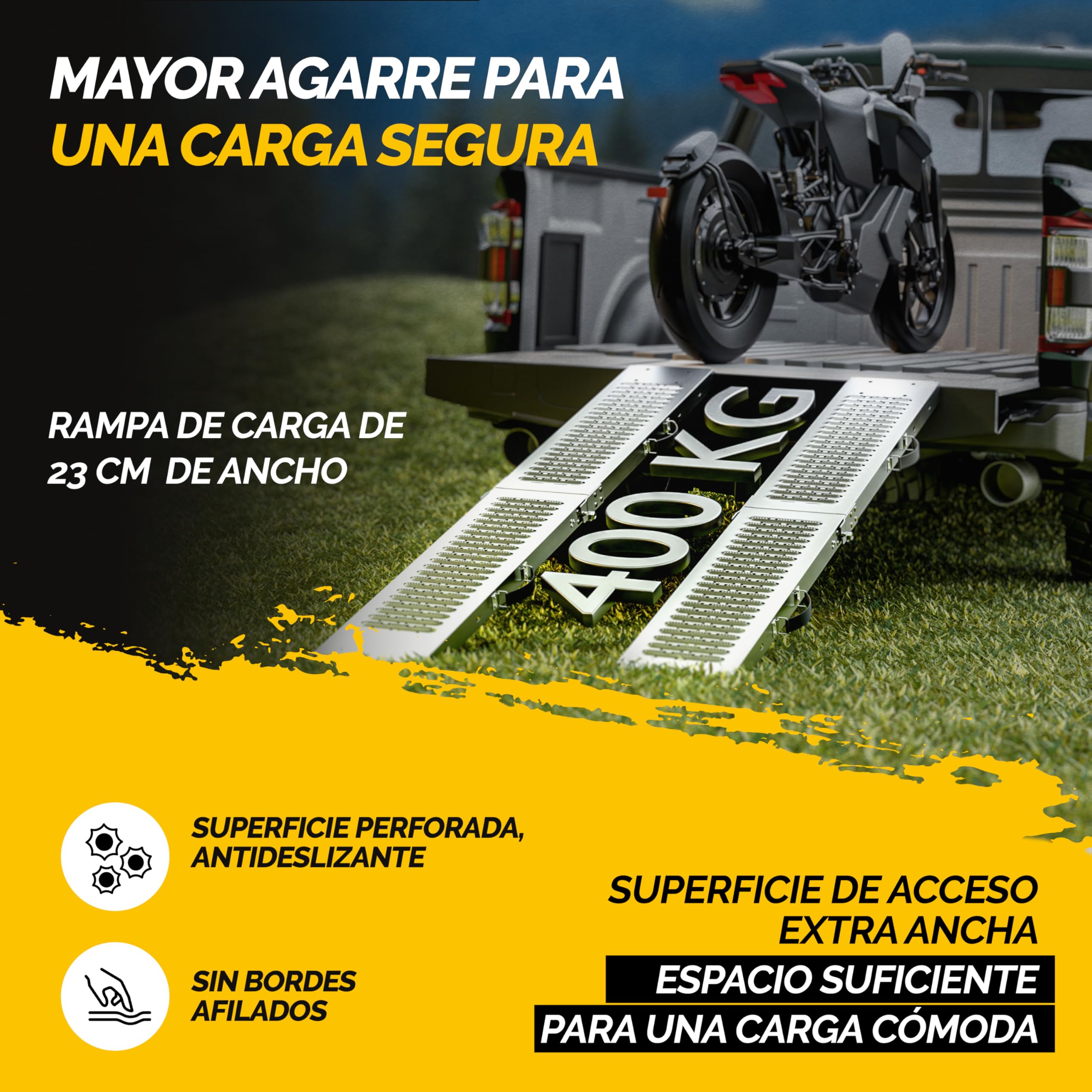 MONZANA® 2X Rampas para Coches Plegables 175cm Acero Galvanizado Carga Total 400kg Vehículos Motos Sillas de Ruedas Rieles Mecanismo Bloqueo Antideslizante Asas Remolque Furgoneta Quads Carretillas