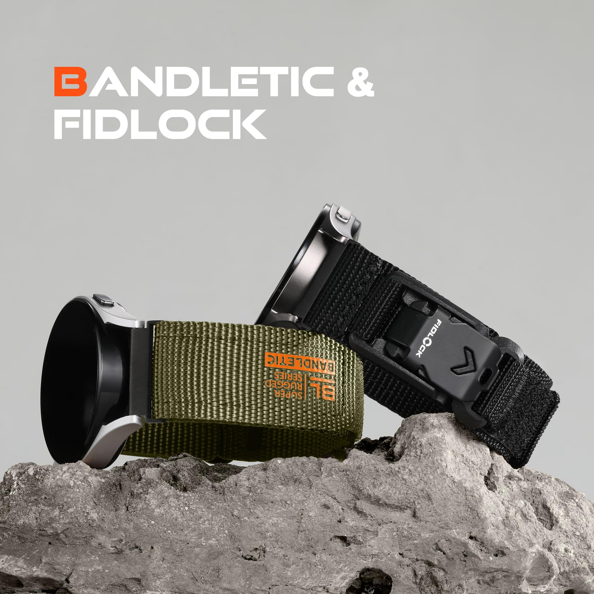 Bandletic 20mm Bracelet Compatible avec Samsung Galaxy Watch 7/6/4/5 40mm 44mm/6 Classic 43mm 47mm/5 Pro 45mm/4 Classic 42mm 46mm, Nylon Réglable Sport Bande avec Fidlock V-Buckle Magnétique, Noir