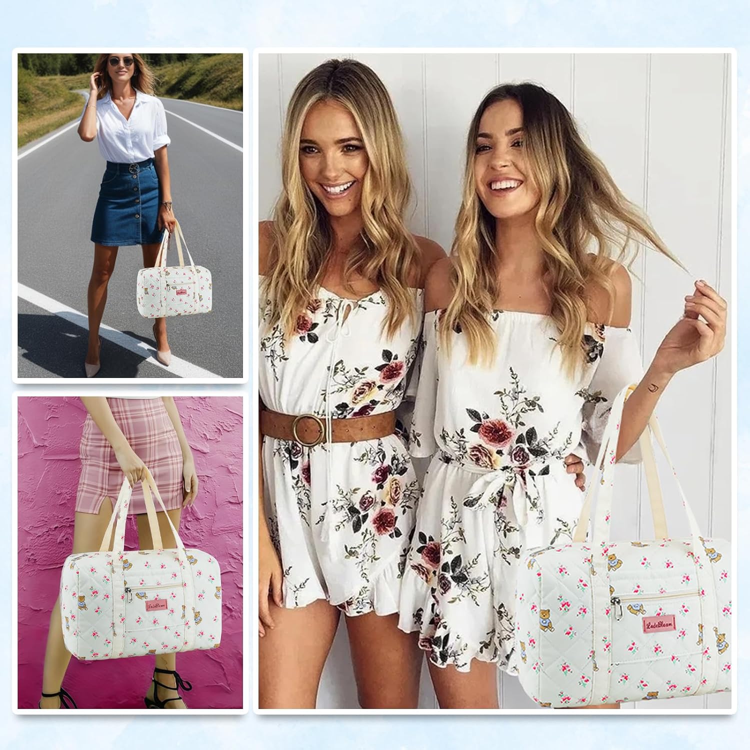 Coquette Bag with Ribbon Pearl Bow - Cute Bear Pattern Travel Bag,Quilted Duffle Bag with Bears for Women Girls,Bear Tote Storage Bags,Coquette Aesthetic,Cartoon Weekend Bags for Travel Trip Work - Image 5