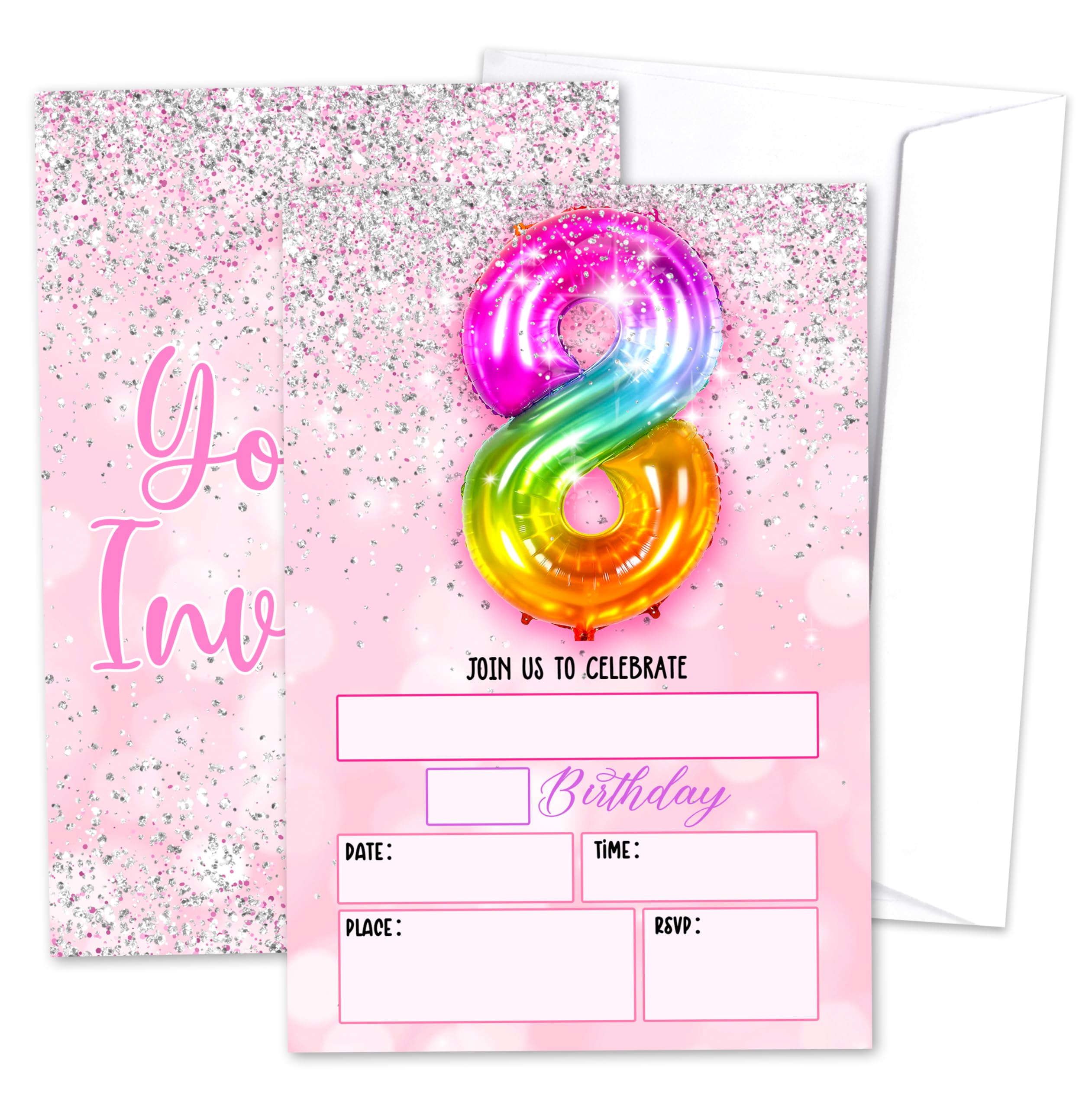 8th Pink Birthday Invitations For Girls, Silver Glitter Rainbow Fill-In Invites Card For Birthday Party, 8 Years Old Girl Birthday Card, 8th Birthday
