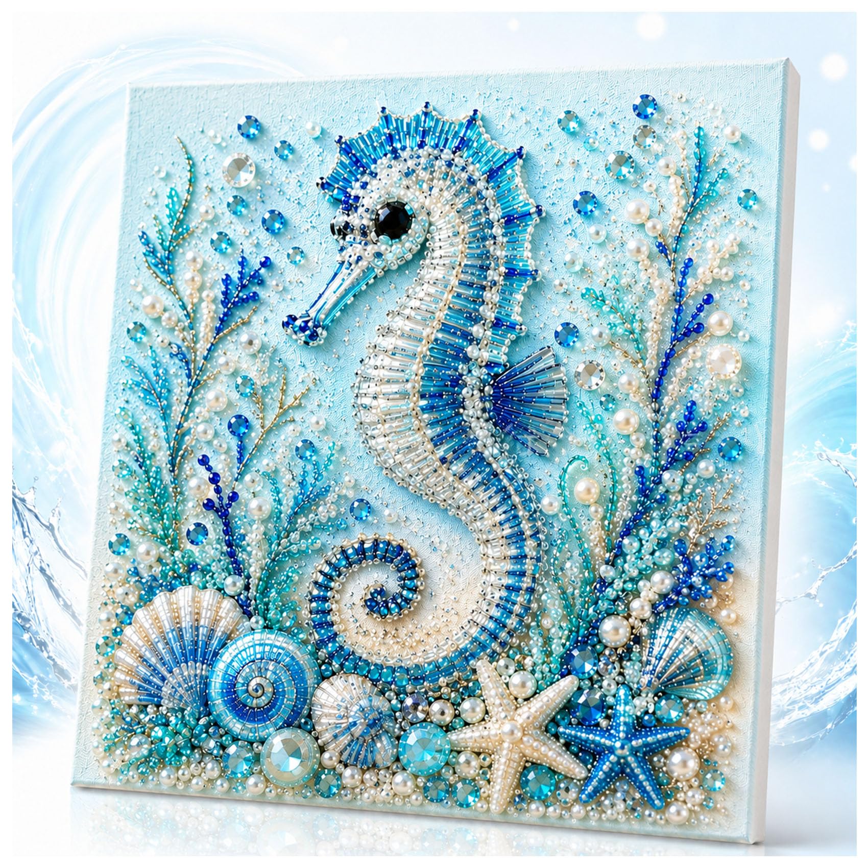 Jeeeun Ocean Theme Pearl Art DIY Kit, Pearl Art Kits for Adults and Beginners with 3D Resin Pearls and Rhinestones, Coastal Wall Decor (Seahorse)