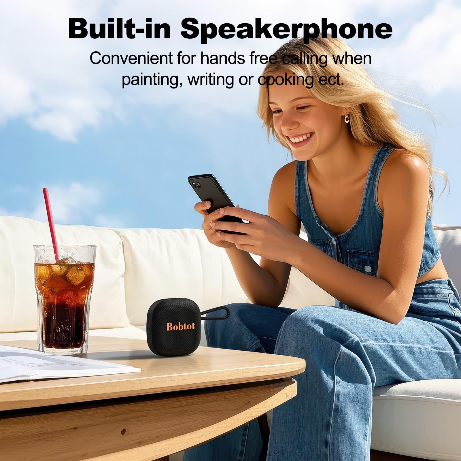 Bobtot Mini haut-parleur Bluetooth portable sans fil, étanche IPX7 avec 16 heures de lecture, son stéréo fort, TWS, microphone intégré, petite taille pour le sport et le voyage, noir