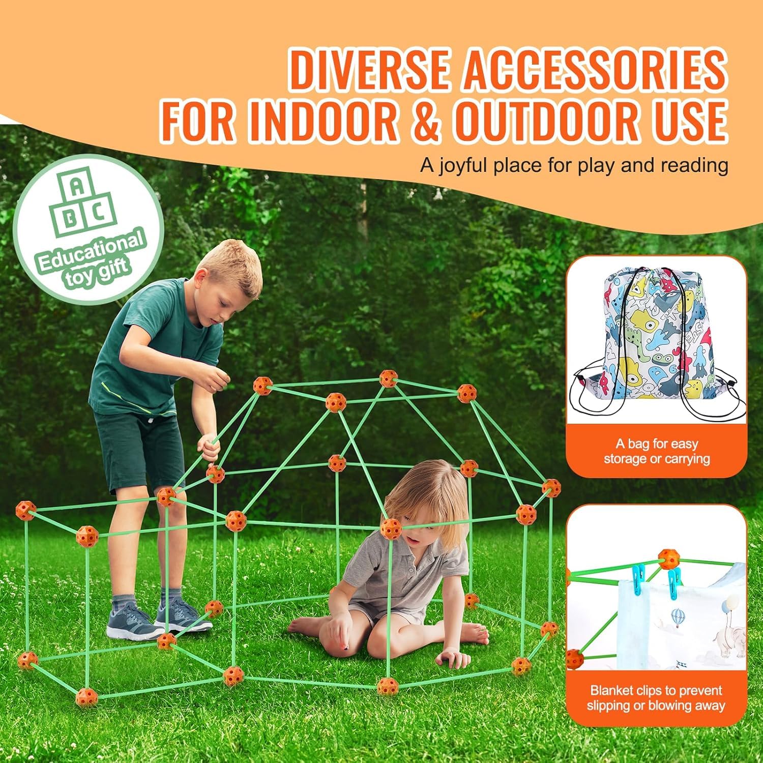 VEVOR Fort Bausatz Kinder, 140-teiliges STEM-Bauspielzeug, pädagogisches Geschenk für 4 bis 8+ Jahre alte Kinder, Spielzelt-Bauset, Konstruktionsspielzeug mit 96 Stäben und 44 Bällen